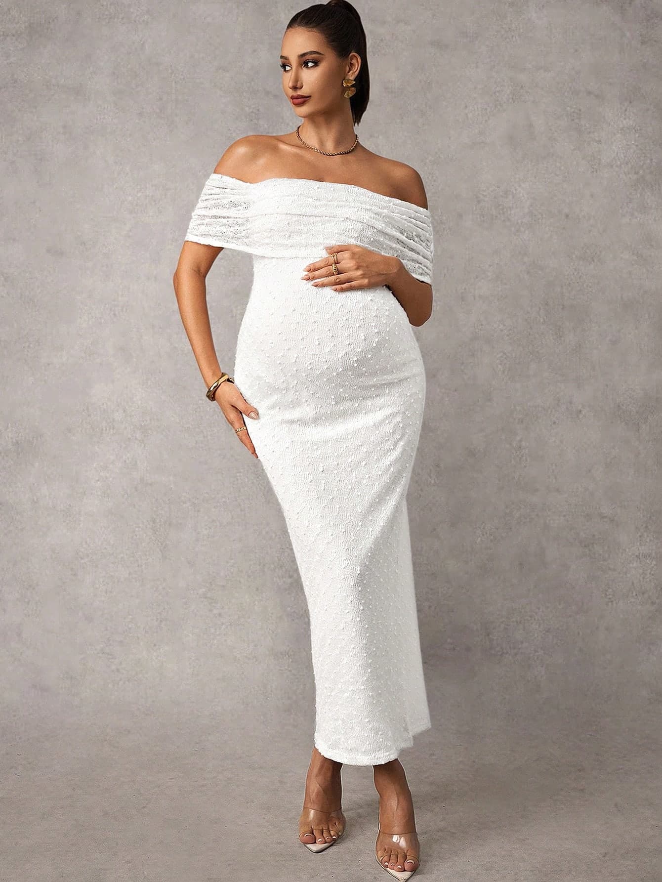 MaterniChic Elegant Solid Color Textured Off Shoulder Maternity Dress Long White Women Photoshoot Pregnancy For