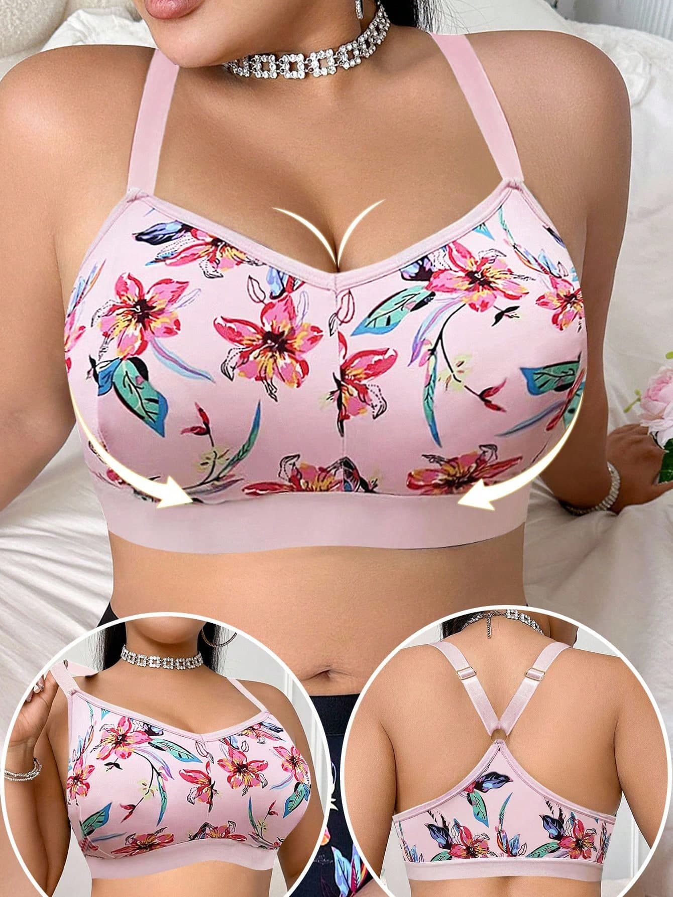 SHEIN 1pc Plus Size Women Floral Print Wireless Bra