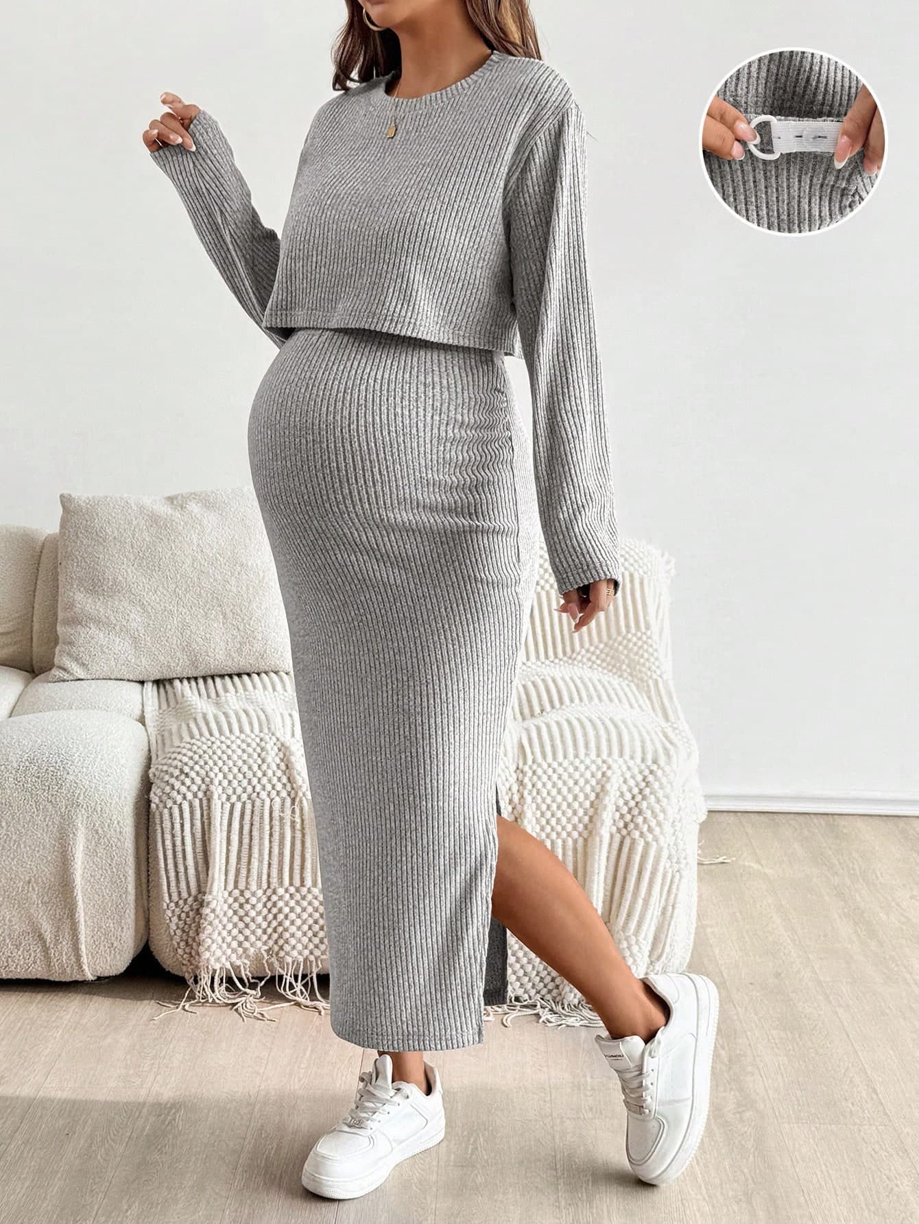 SHEIN Maternity Solid Color Round Neck Short Sleeve Top And Skirt 2 Pieces Set Two Piece Knit Grey Ribbed Fall