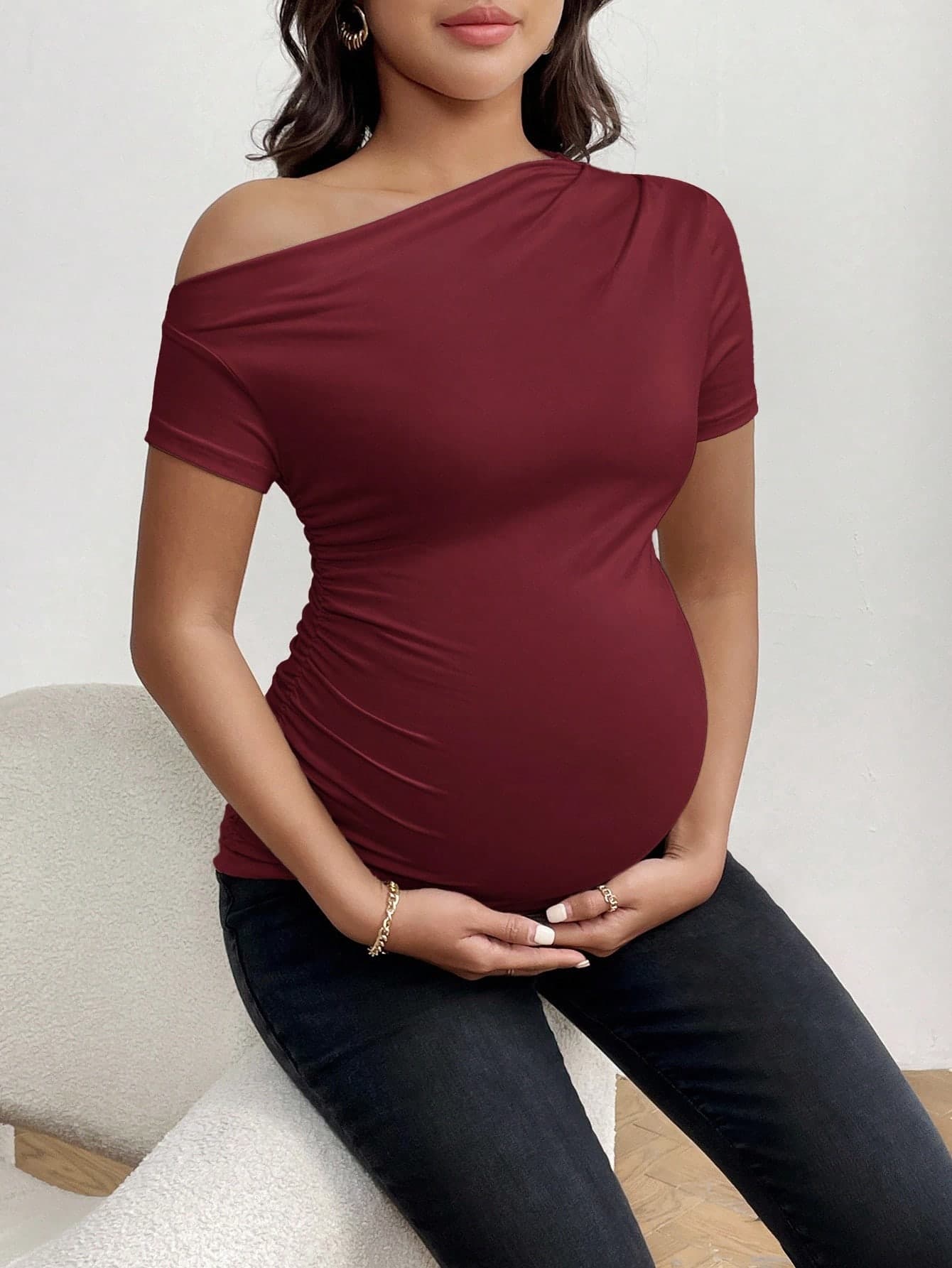 SHEIN Maternity Casual Everyday Solid Color Asymmetrical Neck Ruched Fitted T-Shirt, Summer