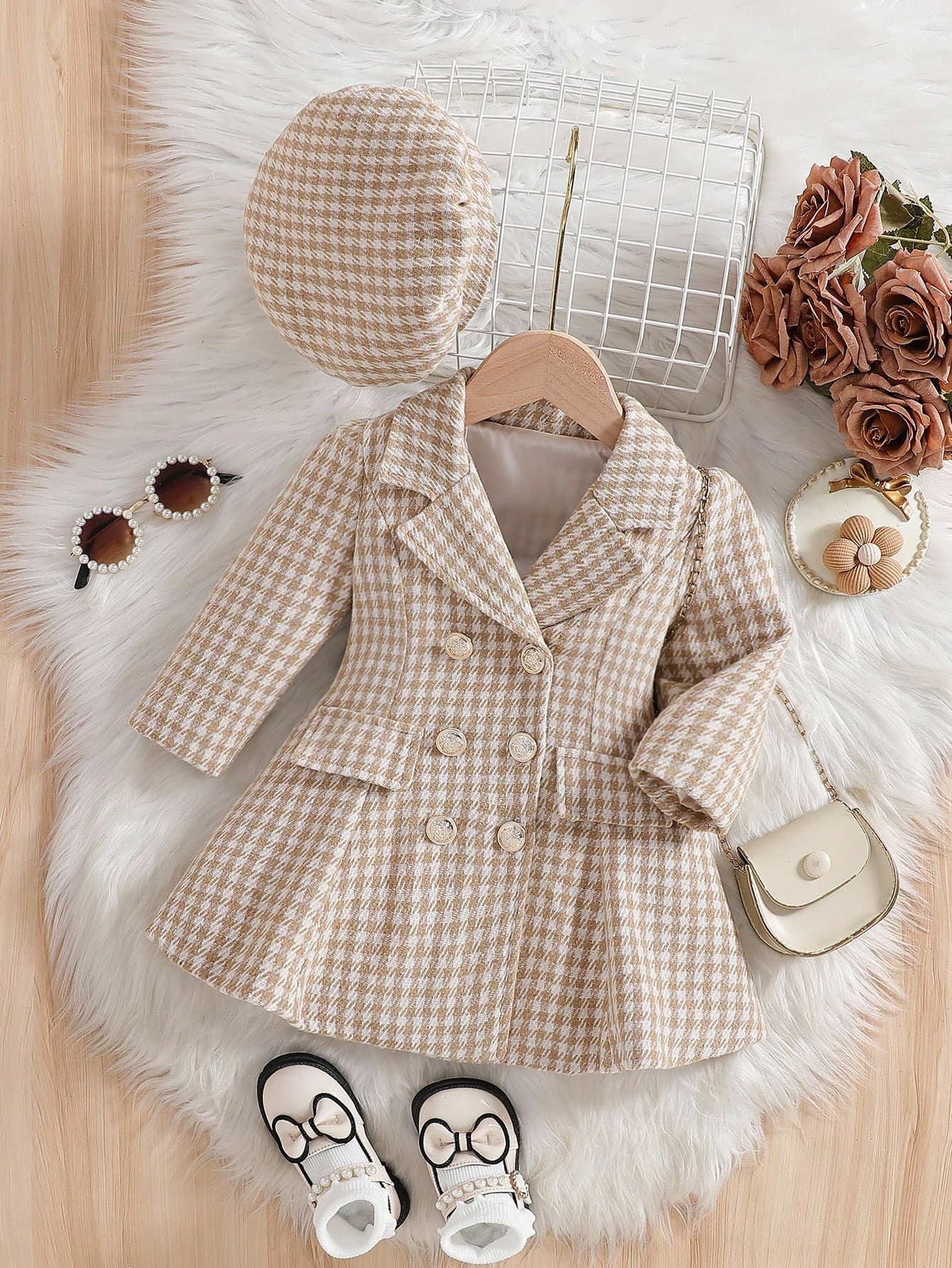 SHEIN Baby Girls' White Blazer Collar A-Line Dress With Matching Beret Hat Autumn Elegant Birthday Back-To-School Vintage Lapel Faux Pocket Fall Dress