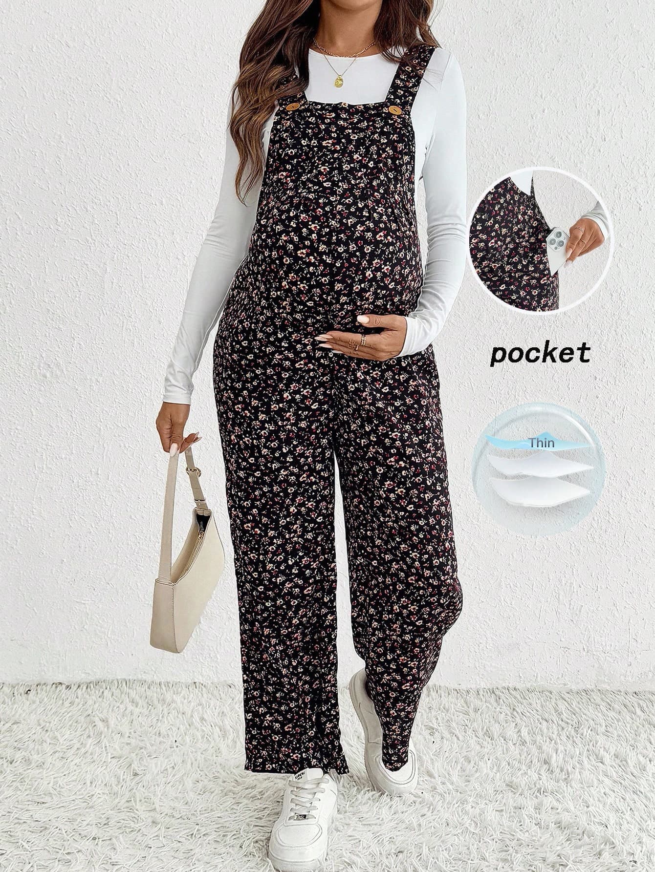 SHEIN Fall Clothes,Autumn Clothes,Maternity Pregnant Women Ditsy Floral Button Design Casual Jumpsuit With Suspenders Overalls Jumpsuits For Pregnancy
