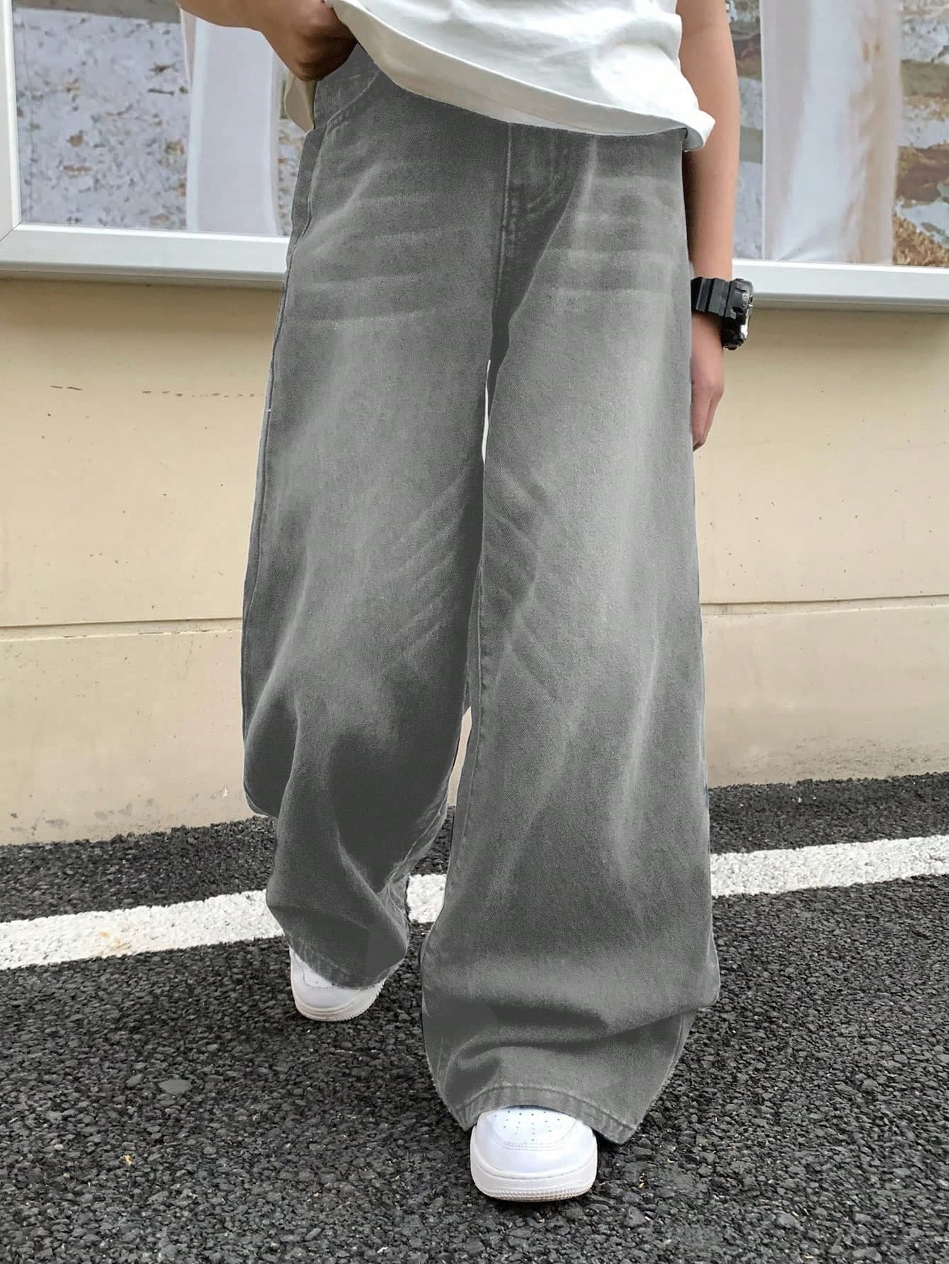 SHEIN Teens Boys' Pocket Loose Wide Leg Casual Versatile Jeans Baggy Pants Y2k Grey Baggy Jeans Fall Winter