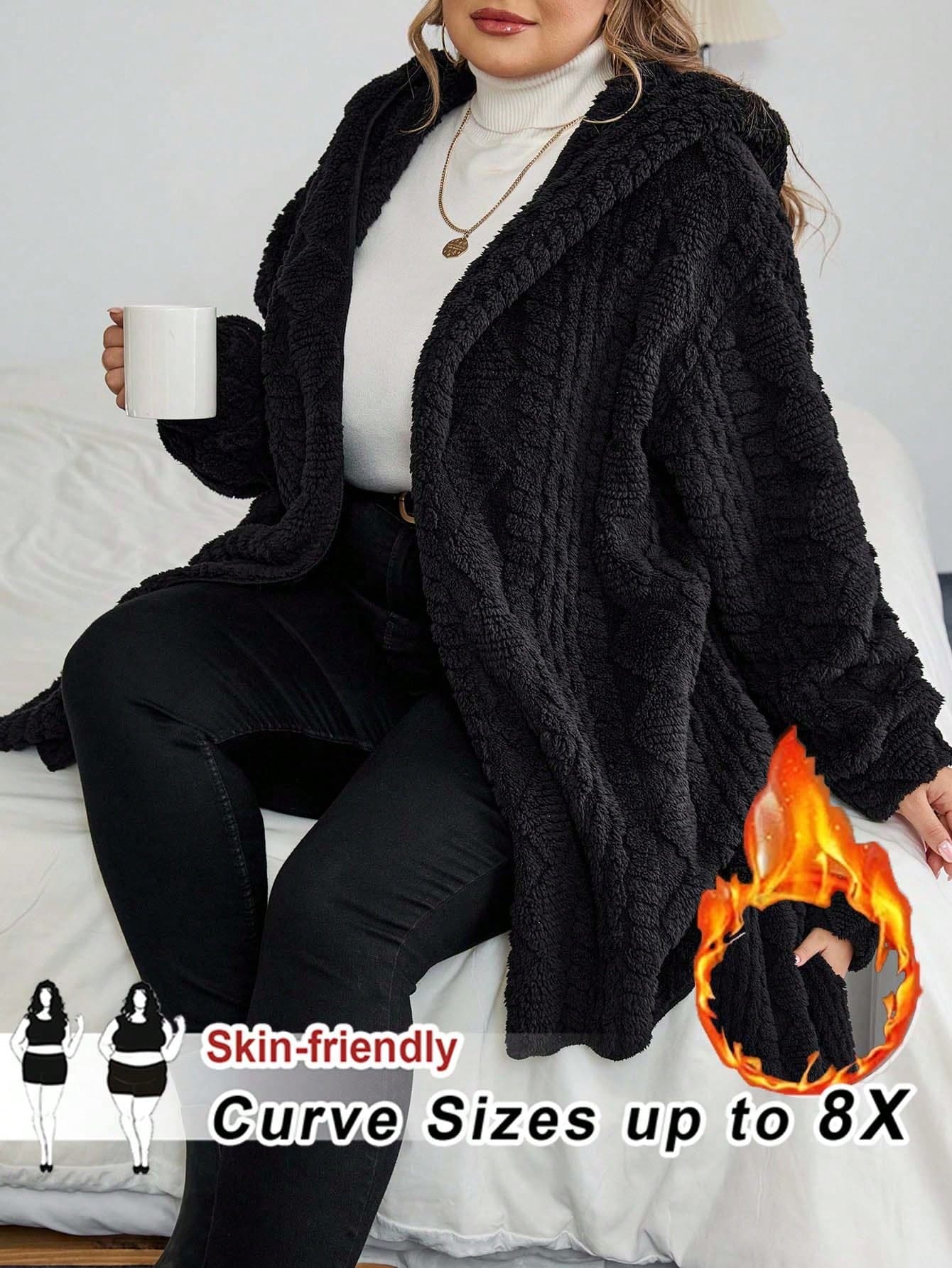 SHEIN CURVE+ Curve Plus Size Women's Black Winter Textured Wool Blend Hoodie Jacket,Casual Autumn Fall Clothes,Halloween Fashion Hoodie Sizes Up To 8X