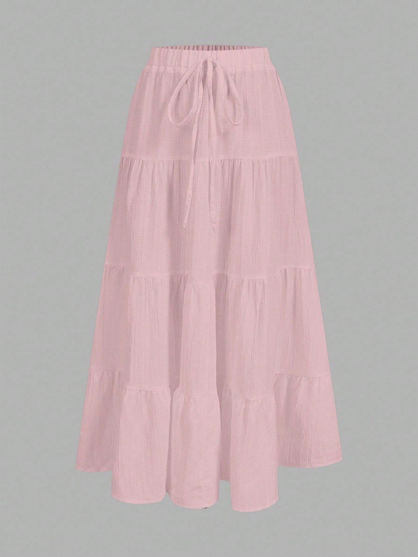 SHEIN EZwear Pink Women's Casual Vacation Multi-Layer Cake Skirt, Suitable For Summer