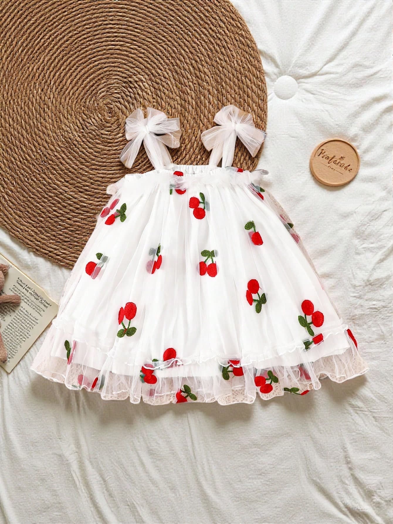 SHEIN Vintaside Kids Baby Girl Cherry Fruit Print Elegant And Cute Baby Mesh Dress With A Large Swing Dress
