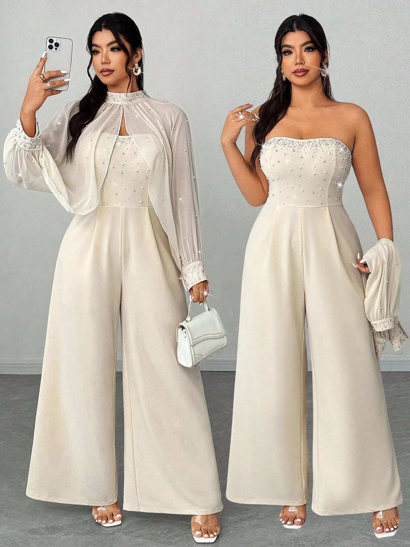 Elenzga Plus Size Women's Elegant Party Occasion Chiffon Beaded Top And High-Waisted Wide Leg Jumpsuit 2 Pieces Set, Spring/Autumn/Winter Fall