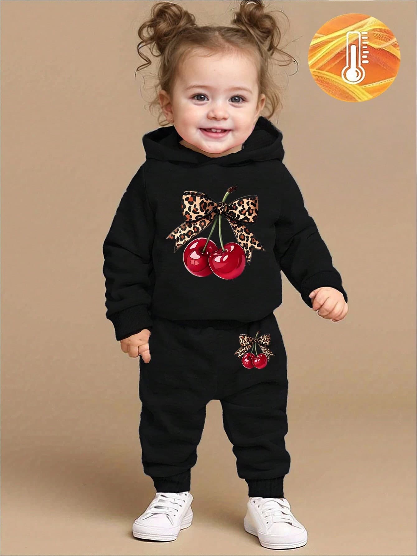SHEIN 2pcs Baby Girl Outfit, Fashionable & Cute Leopard Bow & Cherry Print Hooded Fleece Sweatshirt And Cherry Print Fleece Pants Set, Suitable For Outings In Autumn/Winter Fall