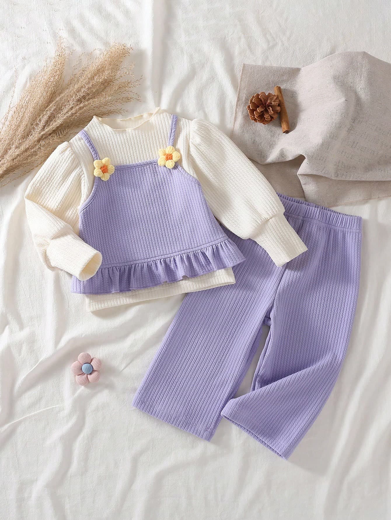 SHEIN 2025 Baby Girls'Fashion Purple 2 In 1 Long Sleeve Top And Pants Set 3D Floral Design Blue And White Autumn Cute Modest Matching Family Outdoor Outfit