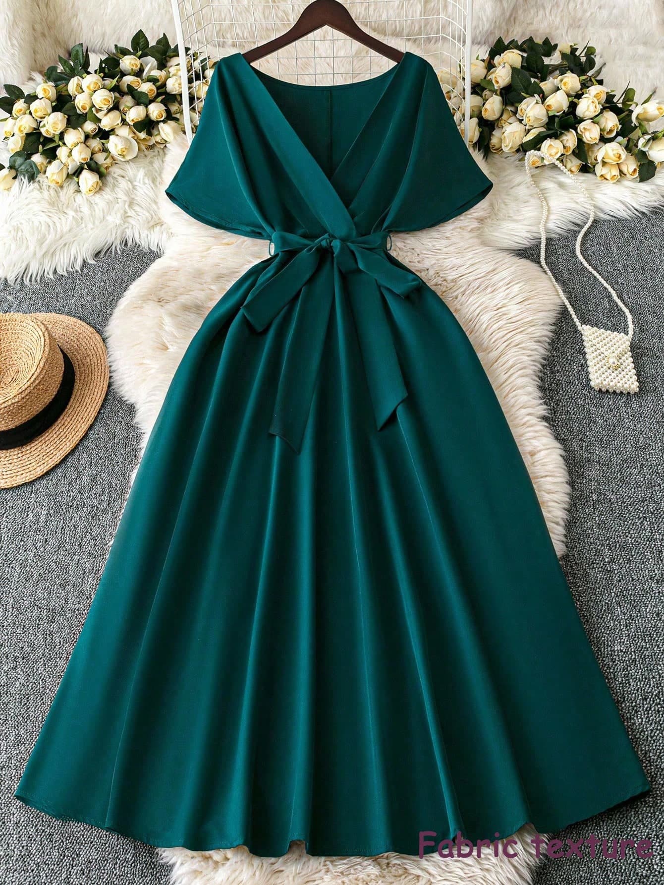 DreamSkyne Exquisite & Elegant Plus Size Solid Color Front Tie Short Sleeve Casual Long Dress