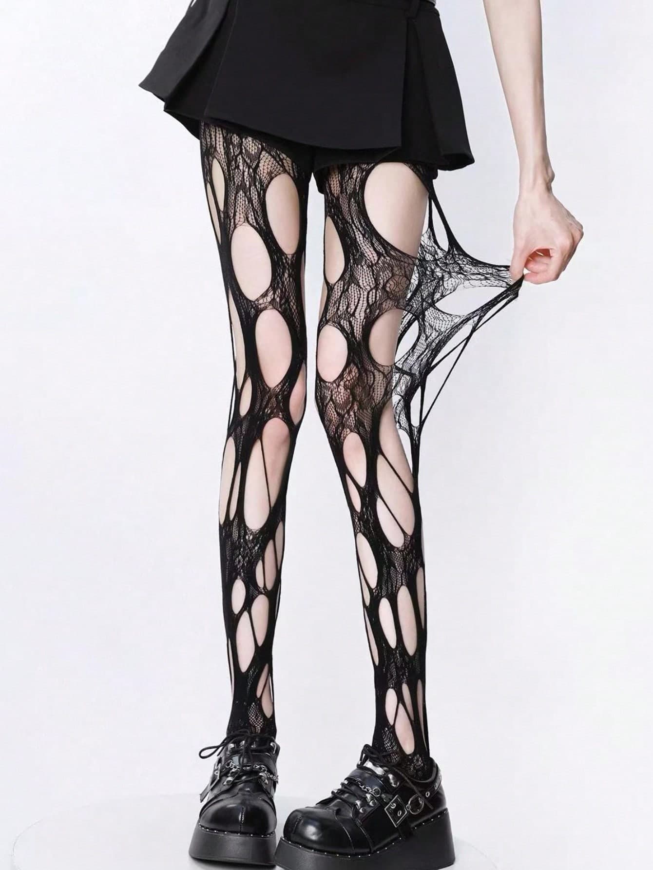 ROMWE Goth Sexy Ripped Tights, Suitable For Pairing With Mini Skirts