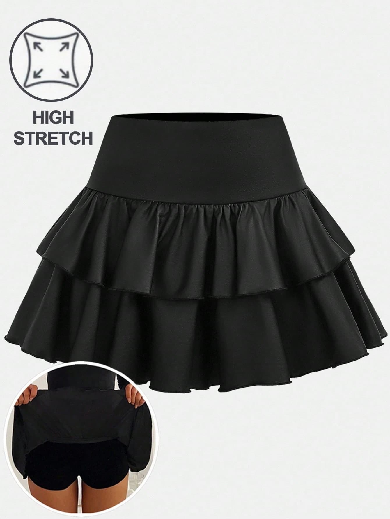 Girlism Teen Girls Casual Black Summer Ruffle Hem Cake Skirt,PU Leather Mini Skirt With Shorts,High Stretch,Sports School Back To School,Y2k,Halloween,Fall