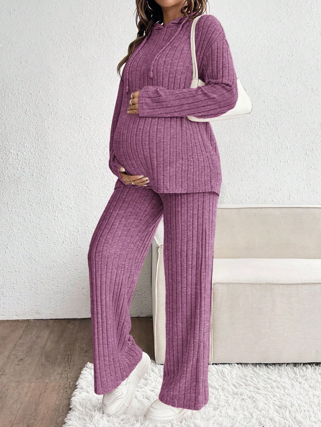 SHEIN 2pcs Maternity Purple Autumn Casual Solid Color Long Sleeve Hooded Top And Pants Set,Knitted Pregnancy Clothes Lounge Outfit Two Pieces Suits Fall