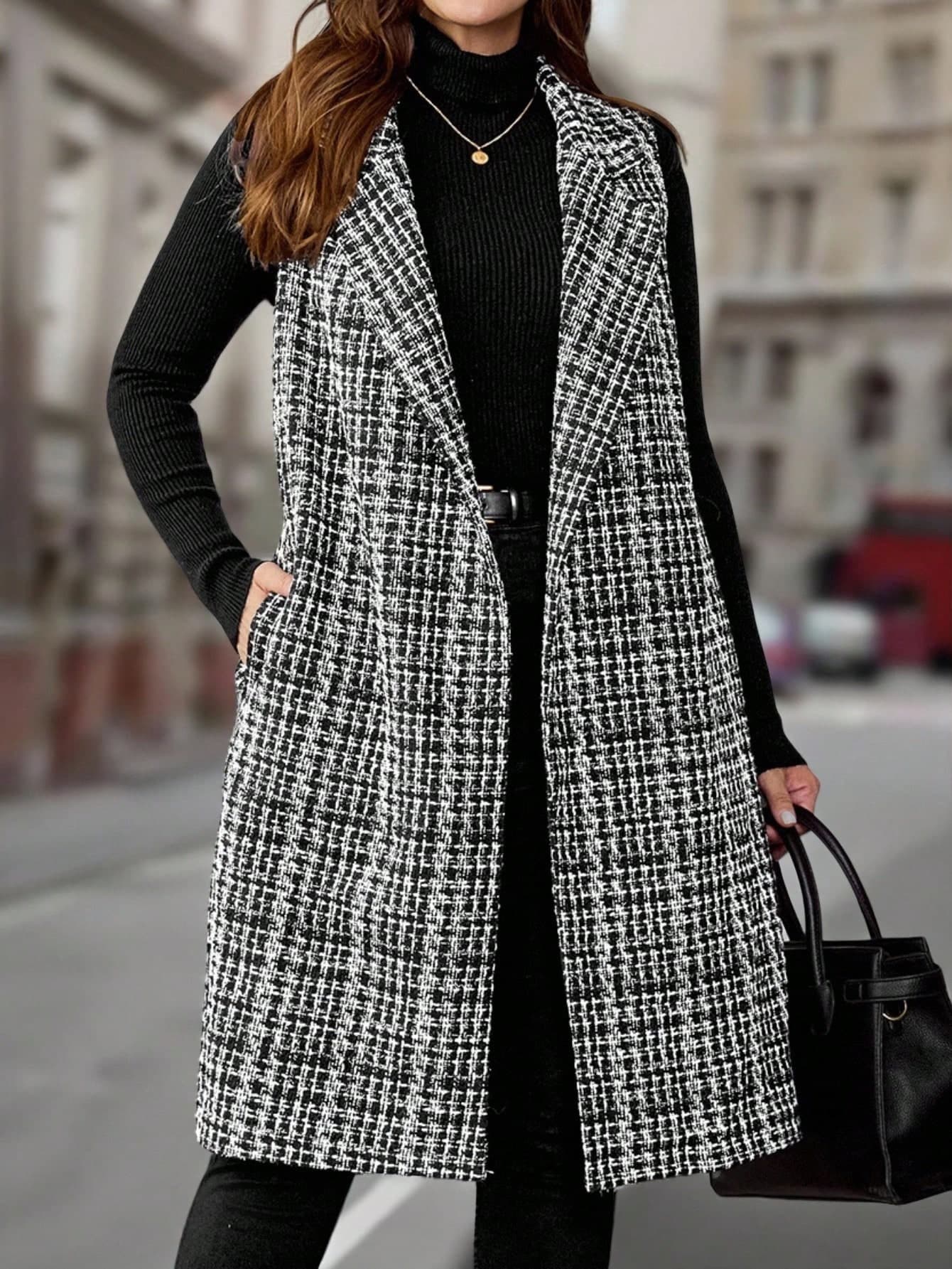 EMERY ROSE Plus Size Women's Pocket Plaid Lapel Neck Casual Long Vest Coat,Fall,Chic Autumn&,Spring