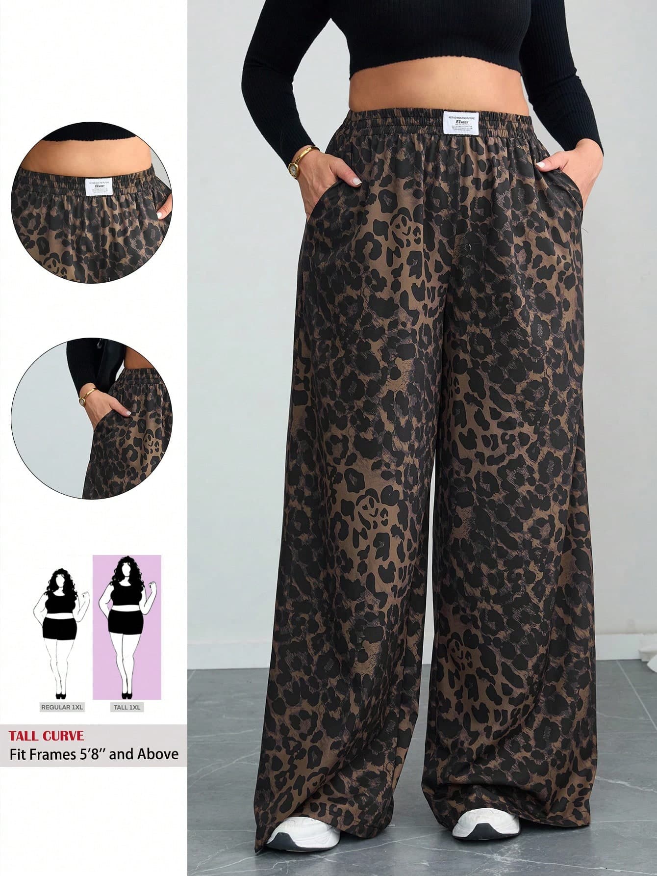 SHEIN Tall CURVE Plus Size Women Leopard Print Letter Applique Pocket Wide Leg Casual Pants Tall Curve Pants,Fall Clothes For Women,Women's Carnival Costume,Cheetah
