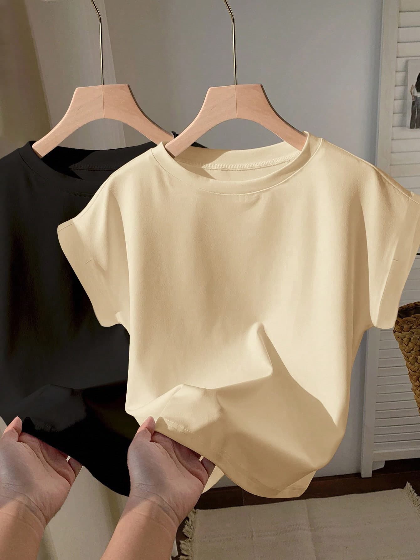 SHEIN EZwear 2pcs Black & Apricot Round Neck Raglan Sleeve Short Sleeve T-Shirts, Suitable For Summer