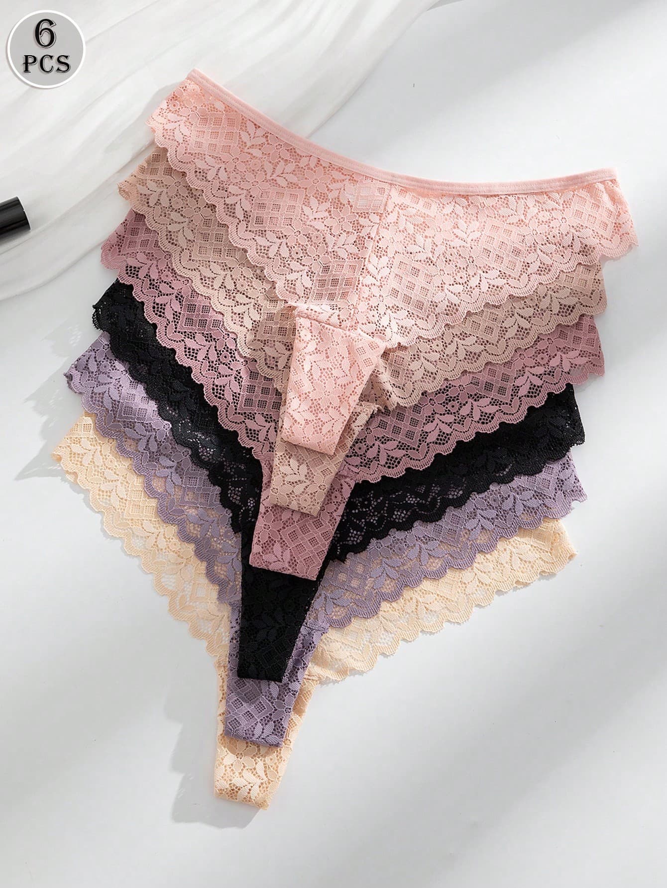 SHEIN 6pcs/Pack Women Lace Thong Panties, Elegant & Comfortable Lace Thong Pack