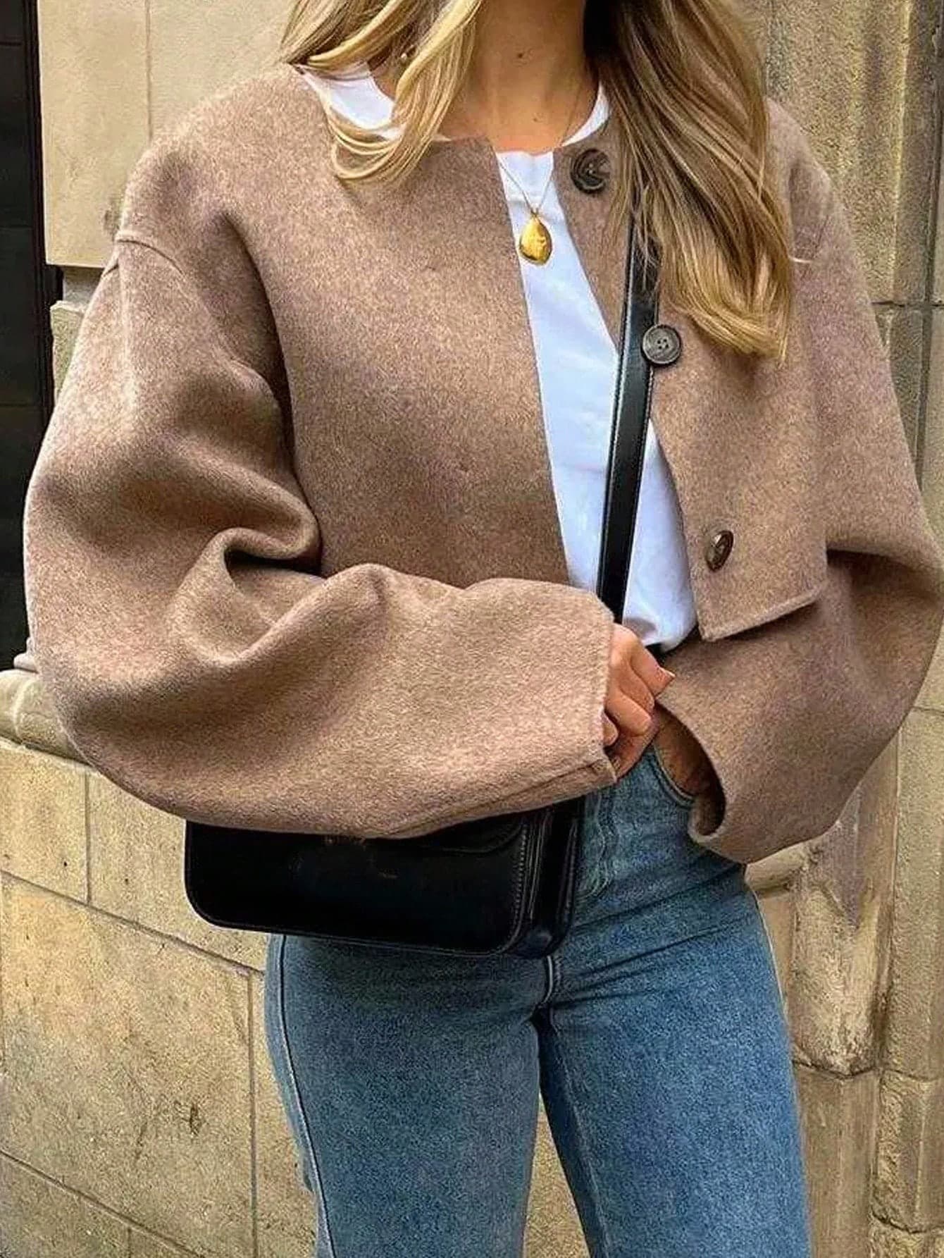 Siren Gaze Women's Taupe Autumn Chic Office Round Neck Drop Shoulder Short Jacket,Cropped Blended Overcoat,Travel Motorcycle Wear Winter Brown Casual Style