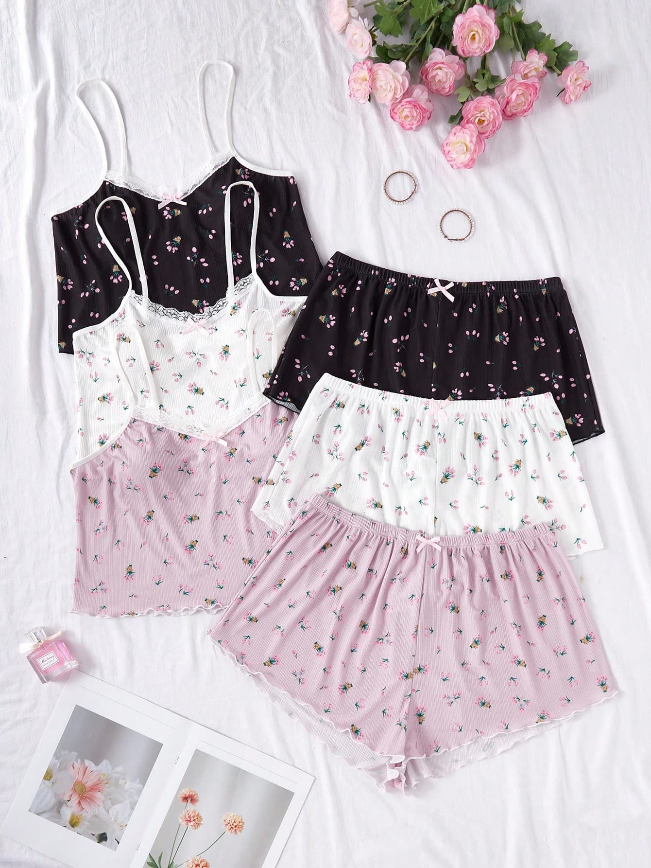 CottageSlumber Women's Sweet Ditsy Floral Camisole & Shorts Pajama Set, Romantic Girly Multi-Piece Homewear Sleepwear Suit