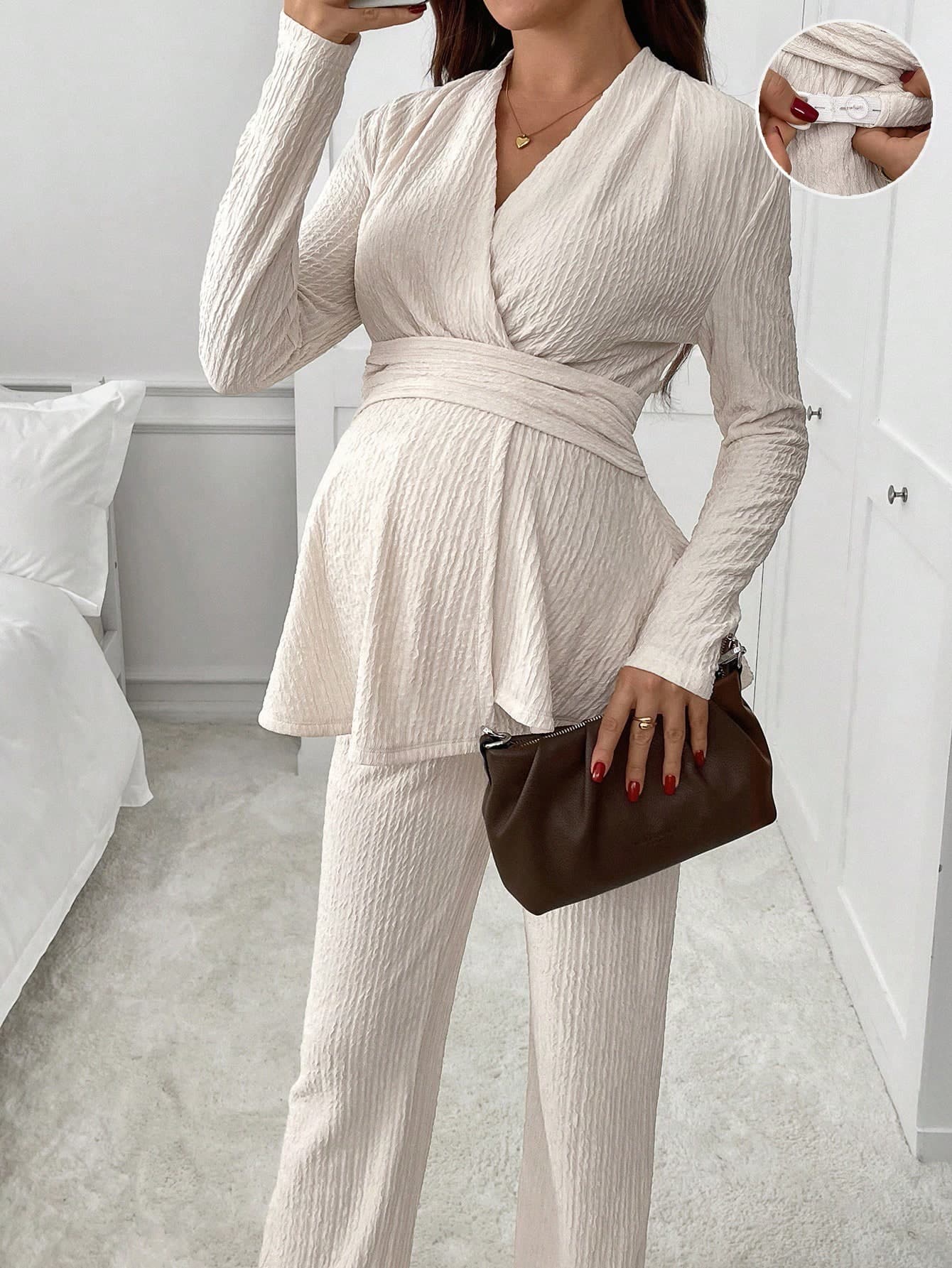 SHEIN Autumn And Winter 2pcs Maternity Casual Commuter Solid Color Shirt Pants Set Two Piece Cream Clothes Suits Elegant Beige Fall