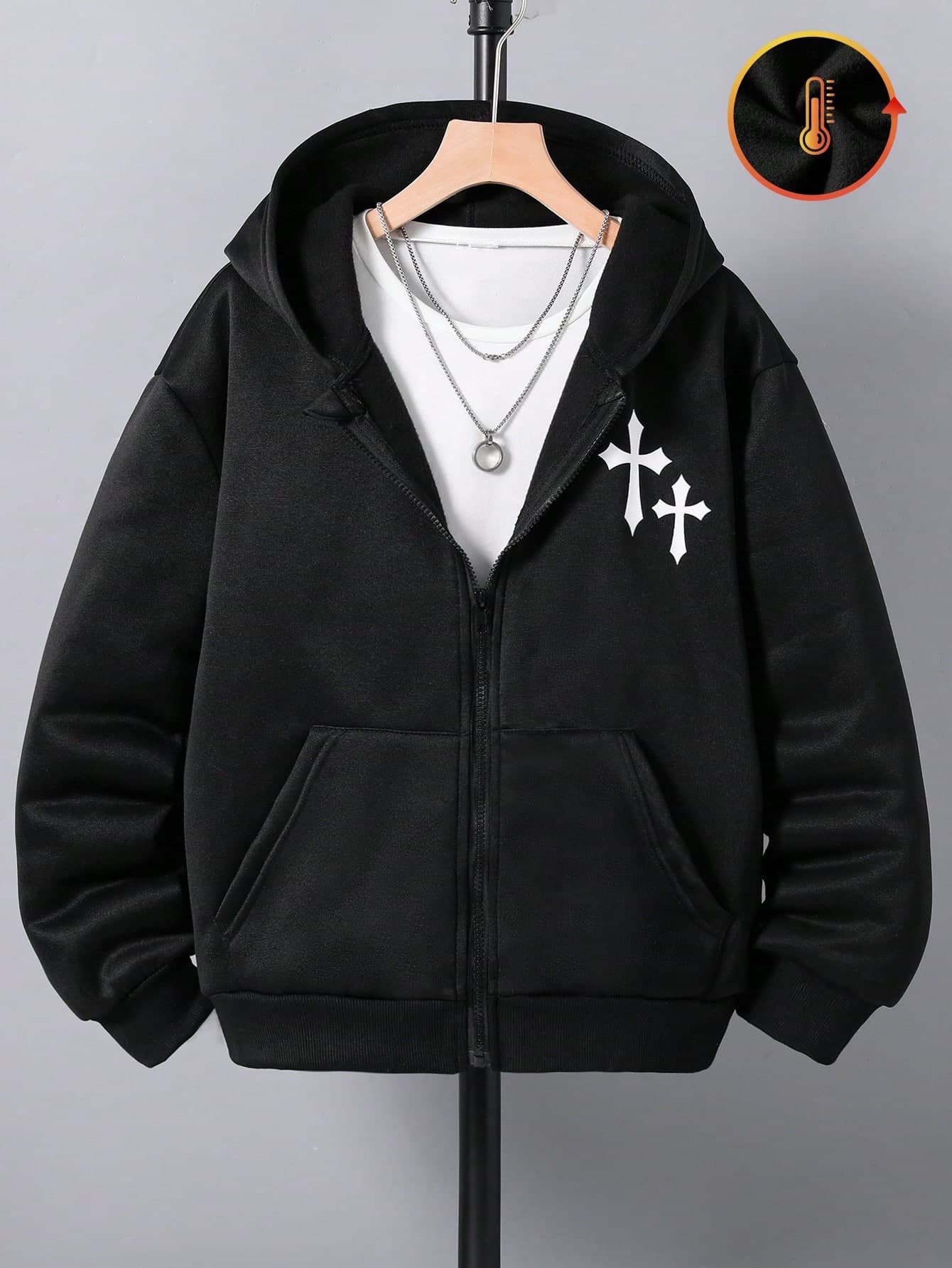 Teen Boy All-Match Graphic Print Versatile Hooded Zip-Up Sweatshirt Fall Winter