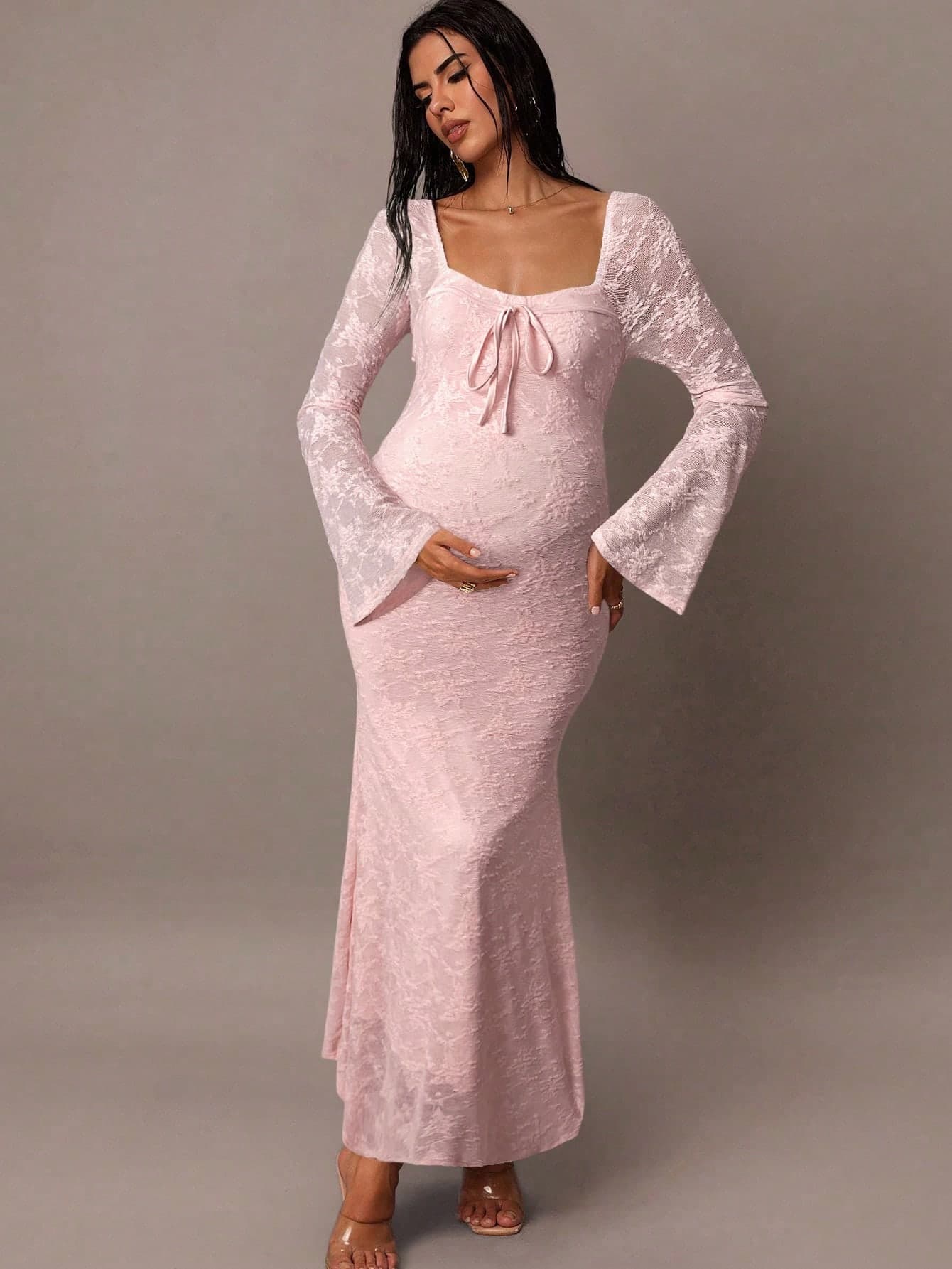 MaterniChic Elegant Party Solid Color Lace Bell Sleeve Fishtail Maternity Dress Gown For Photoshoot Long Pregnancy Baby Shower Dresses Fall