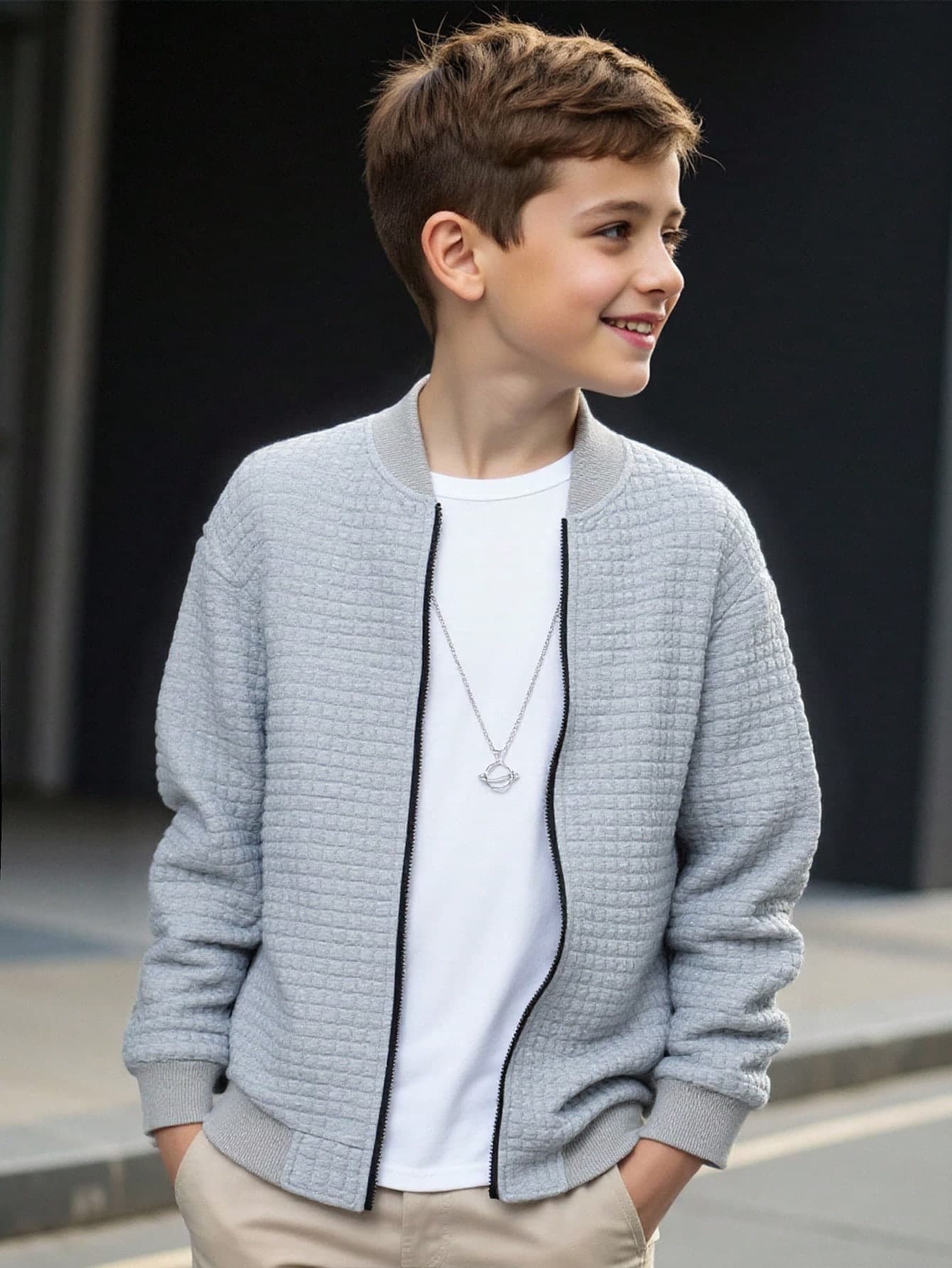 SHEIN Tween Boy Casual Versatile Textured Plaid Baseball Jacket, Suitable For Commuting, School, Everyday Casual Wear, Sports, Autumn/Winter Fall
