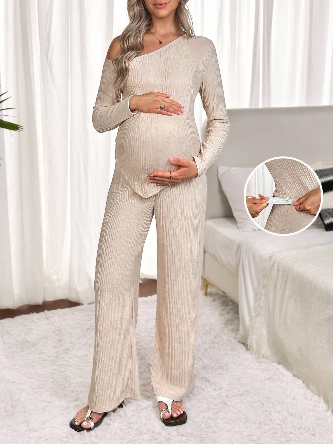 SHEIN 2pcs Maternity Asymmetric Shoulder T-Shirt And Wide Leg Pants Set, Comfortable