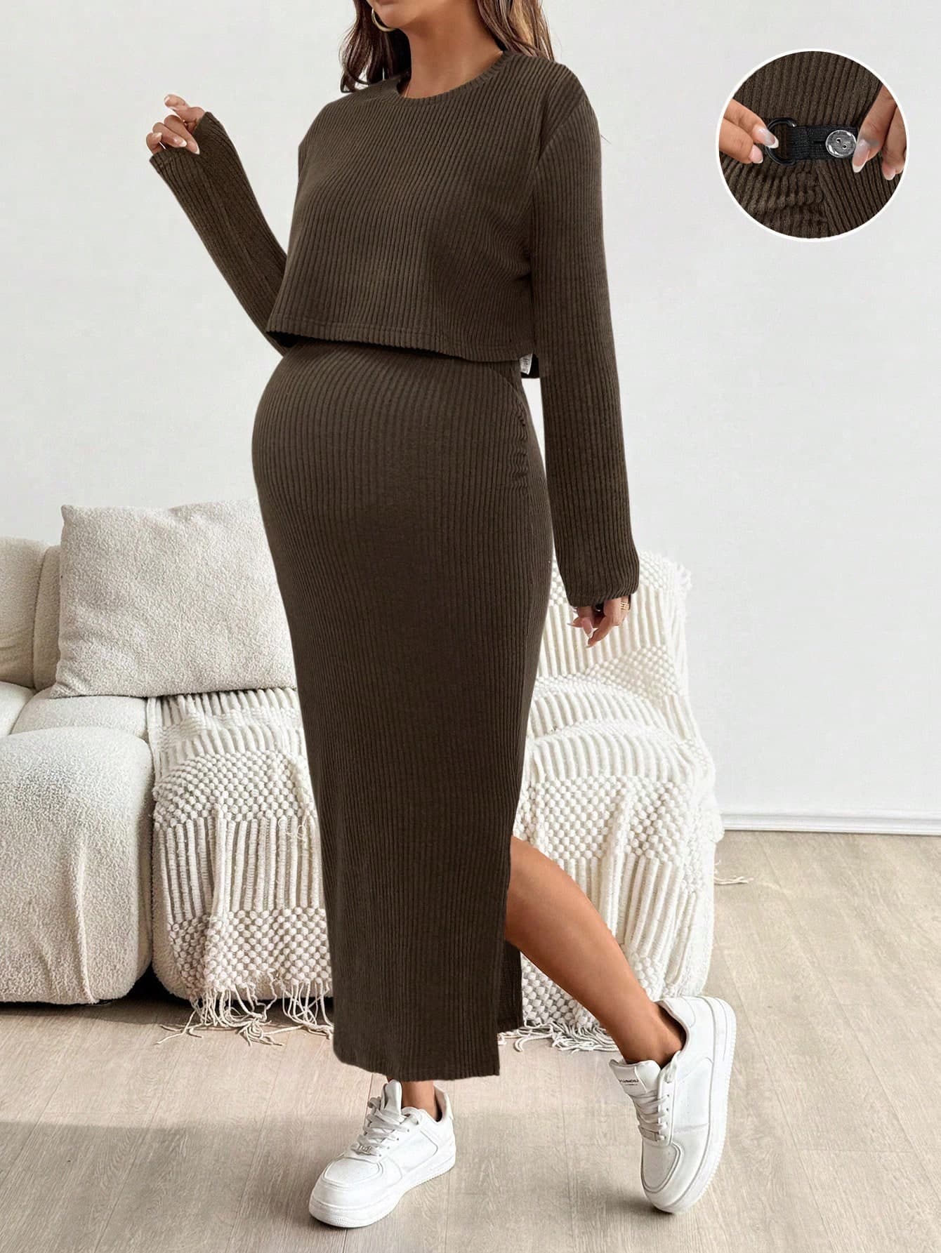 SHEIN Maternity Solid Color Round Neck Long Sleeve Top And Skirt 2 Pieces Set Two Knit Ribbed Fall
