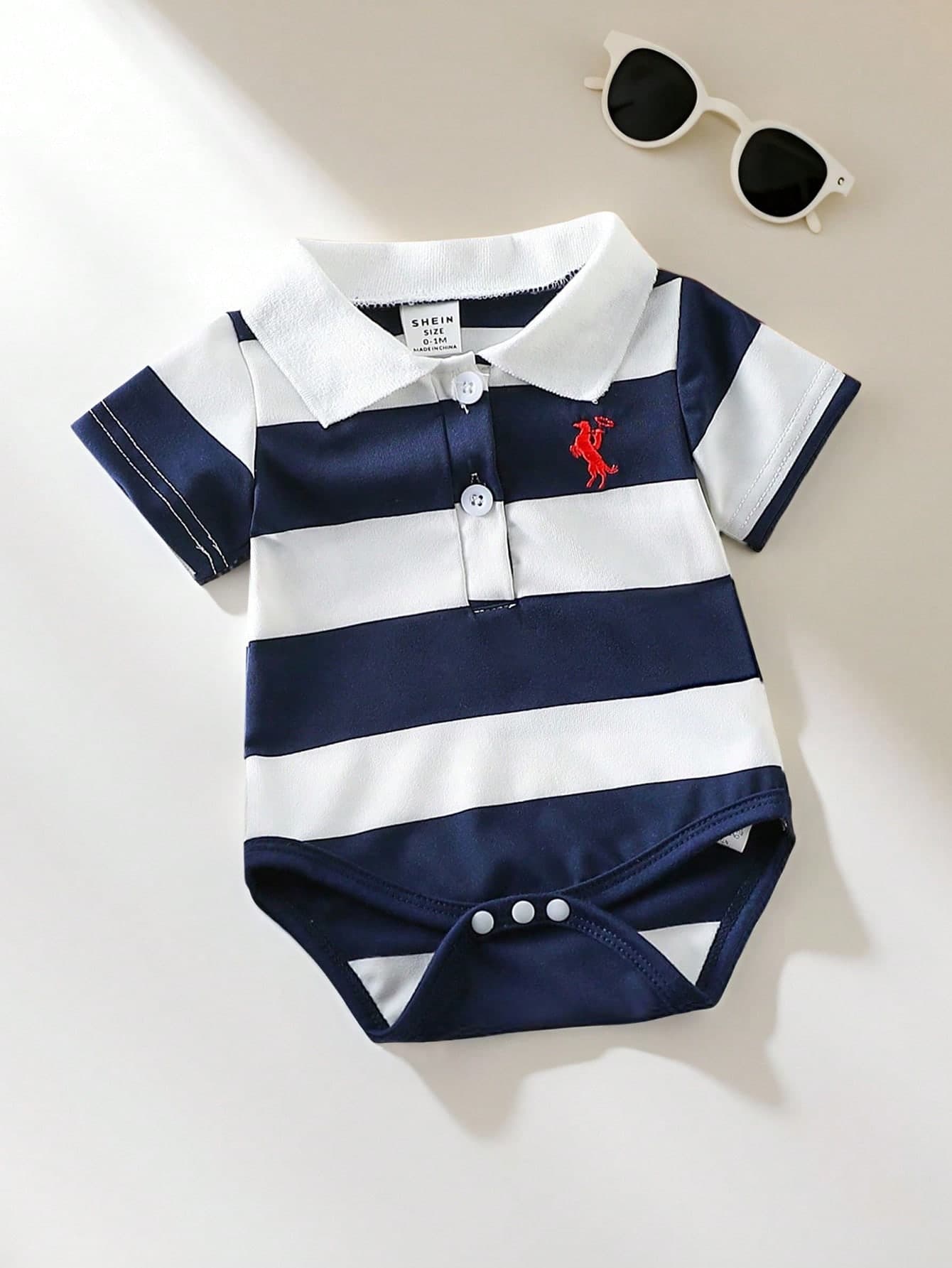 SHEIN Playful Pals Infant Baby Boy Summer Navy Blue Striped Bodysuit Casual Horse Embroidery Short Sleeve One-Piece Family Matching Outfit For Birthday Party & Vacation