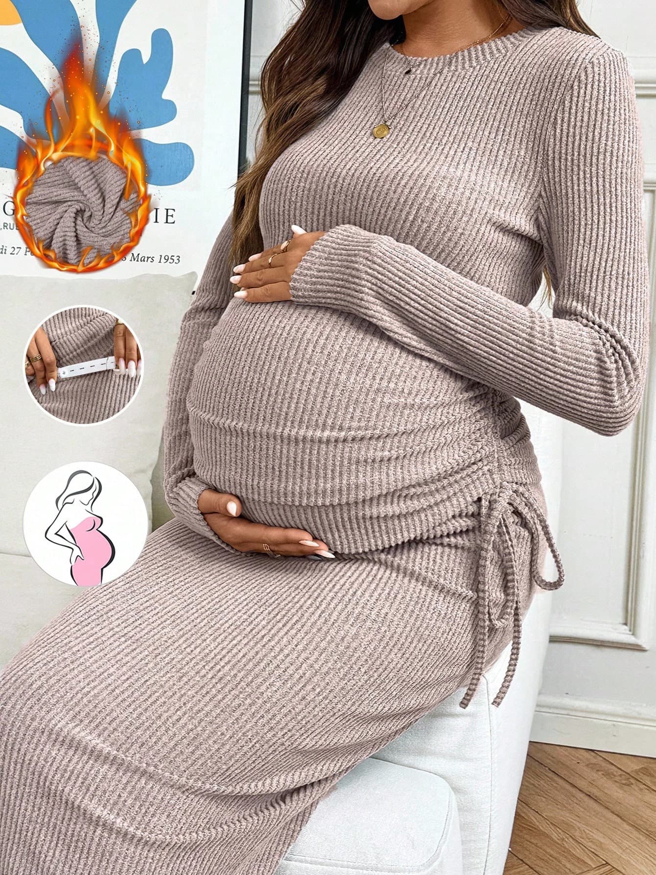 SHEIN 2pcs Maternity Set: Solid Color Round Neck Side Drawstring T-Shirt And Adjustable Waist Midi Skirt, Casual Autumn Maroon Pregnancy Clothes Outfit