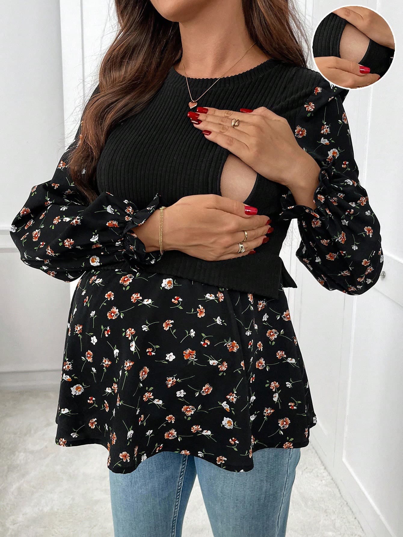 SHEIN Autumn And Winter Maternity Nursing Tops Patchwork Ditsy Floral Round Neck Long Sleeve Top Black For Women Blouses Fall