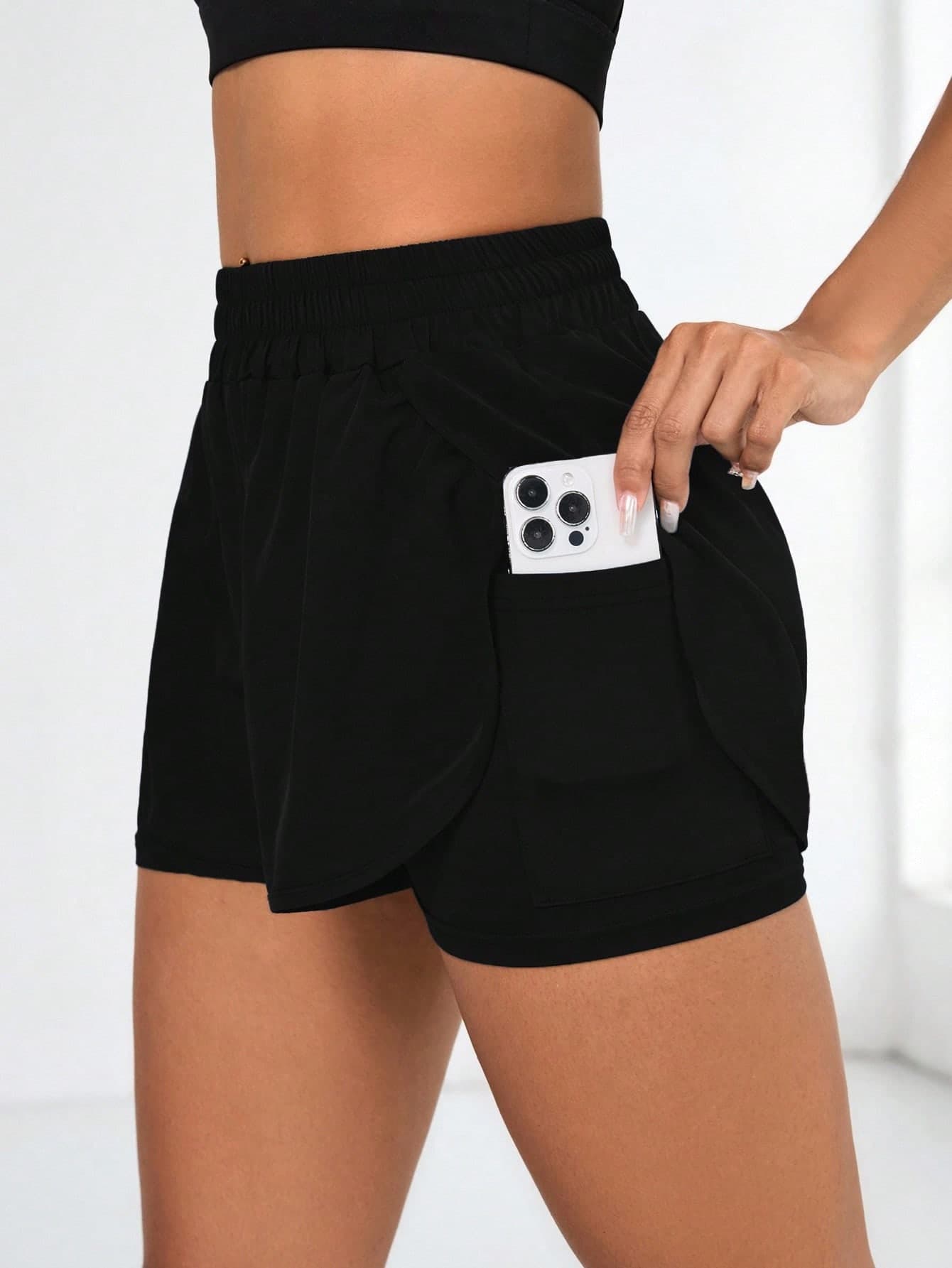 Eassivo Eassivo Women's Solid Color 2 In 1 Casual Sports Shorts With Pockets Black Workout Shorts Women