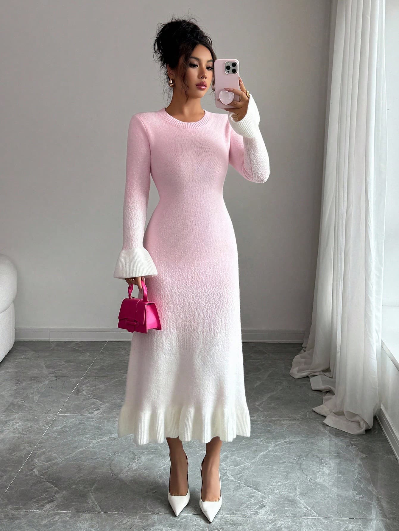 Elenzga Women's Autumn/Winter New Round Neck Ombre Unique Design Ruffle Hem & Cuff Fashionable Elegant Elegant Date Casual Fitted Knit Midi Sweater Dress