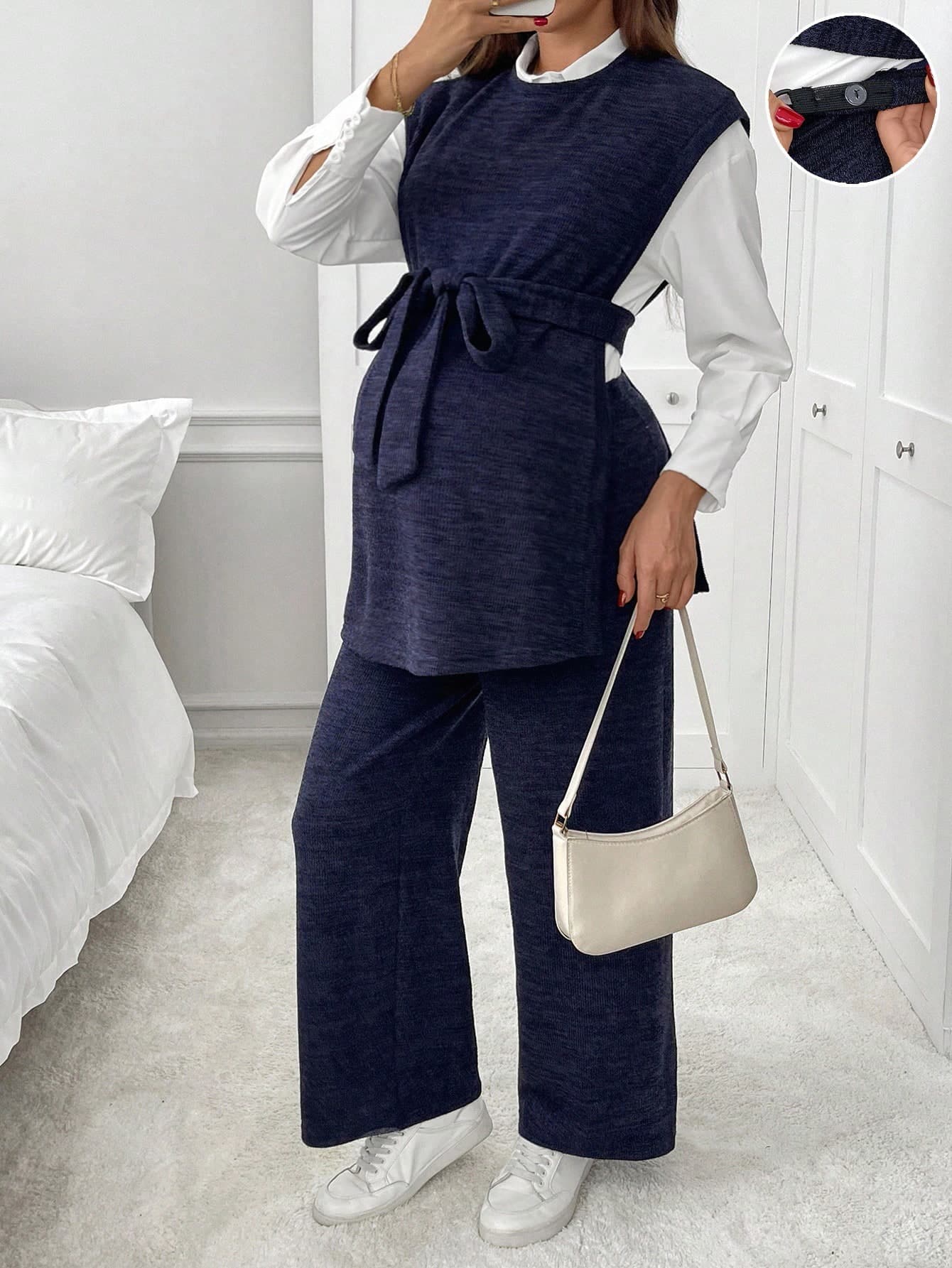SHEIN 2pcs Maternity Navy Blue Autumn Smart Casual Office Solid Color Knotted Waist Vest And Pants Set,Women Comfy Modest Maternity Clothes Two Pieces Suits