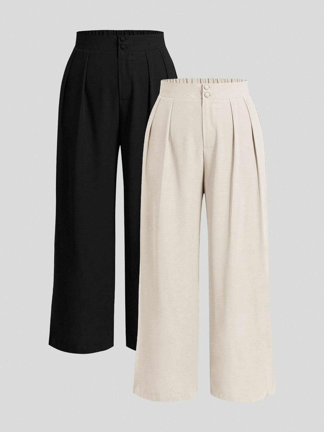 Elaquor Plus Size Women's Solid Color Pleated Wide Leg Business Casual Pants,Elegant Black Beige Summer Office Trousers,Button Zipper Elastic Back Waist