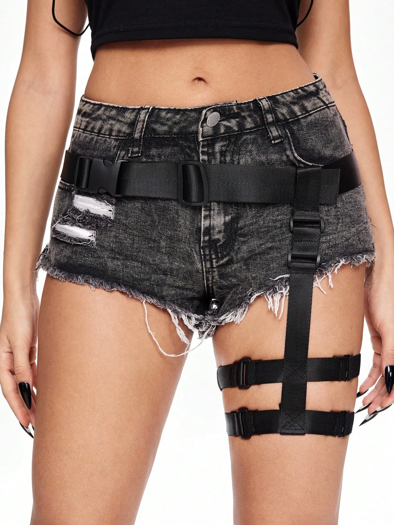 ROMWE 1pcs Women's Black Canvas Fabric Single Side Double Layer Elastic Band Leg Decor Dark Goth  Waist Belt Skirt/Shorts Accessory, Versatile Daily Wear