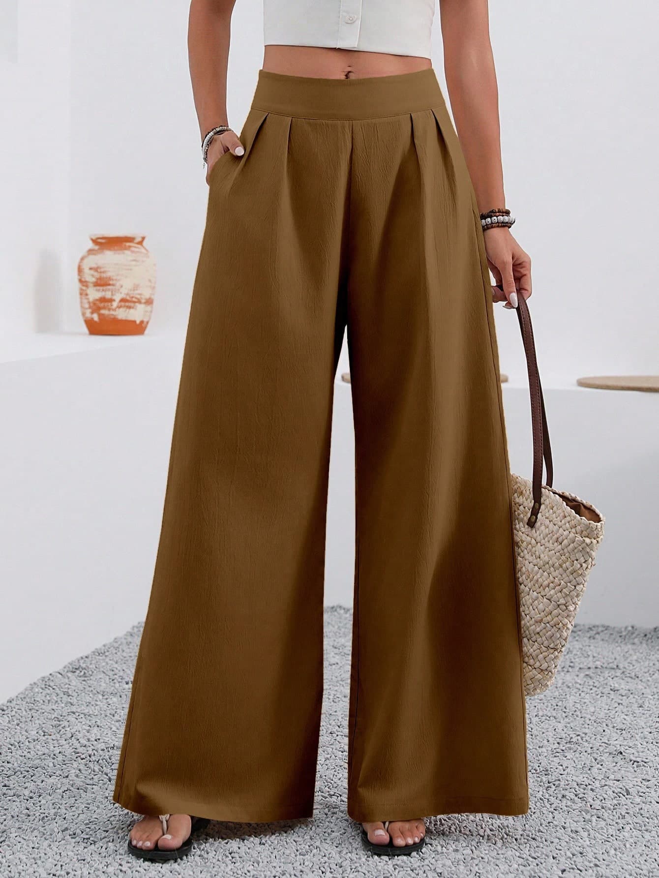 EMERY ROSE Women's Vacation Casual Solid Color Wide Leg Pants