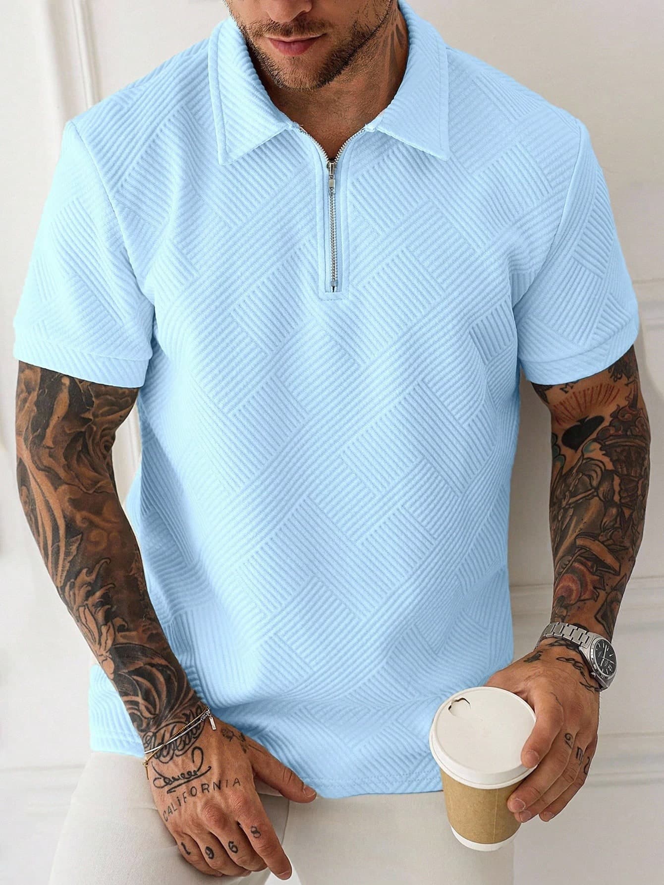 Manfinity Homme Men Solid Color Textured Short Sleeve Polo Shirt For Summer, Formal