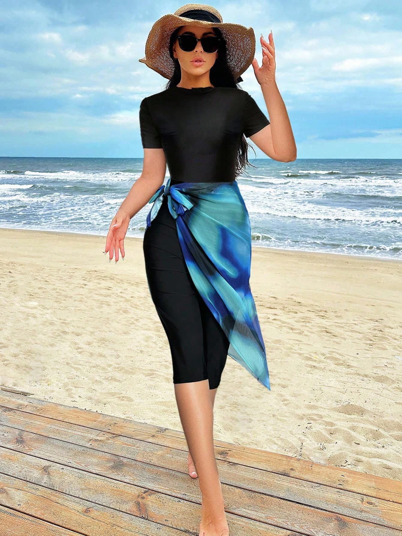 Swim Shayni Tie Dye Knot Side Asymmetrical Hem Burkini Swimsuit & Swim Skirt Summer