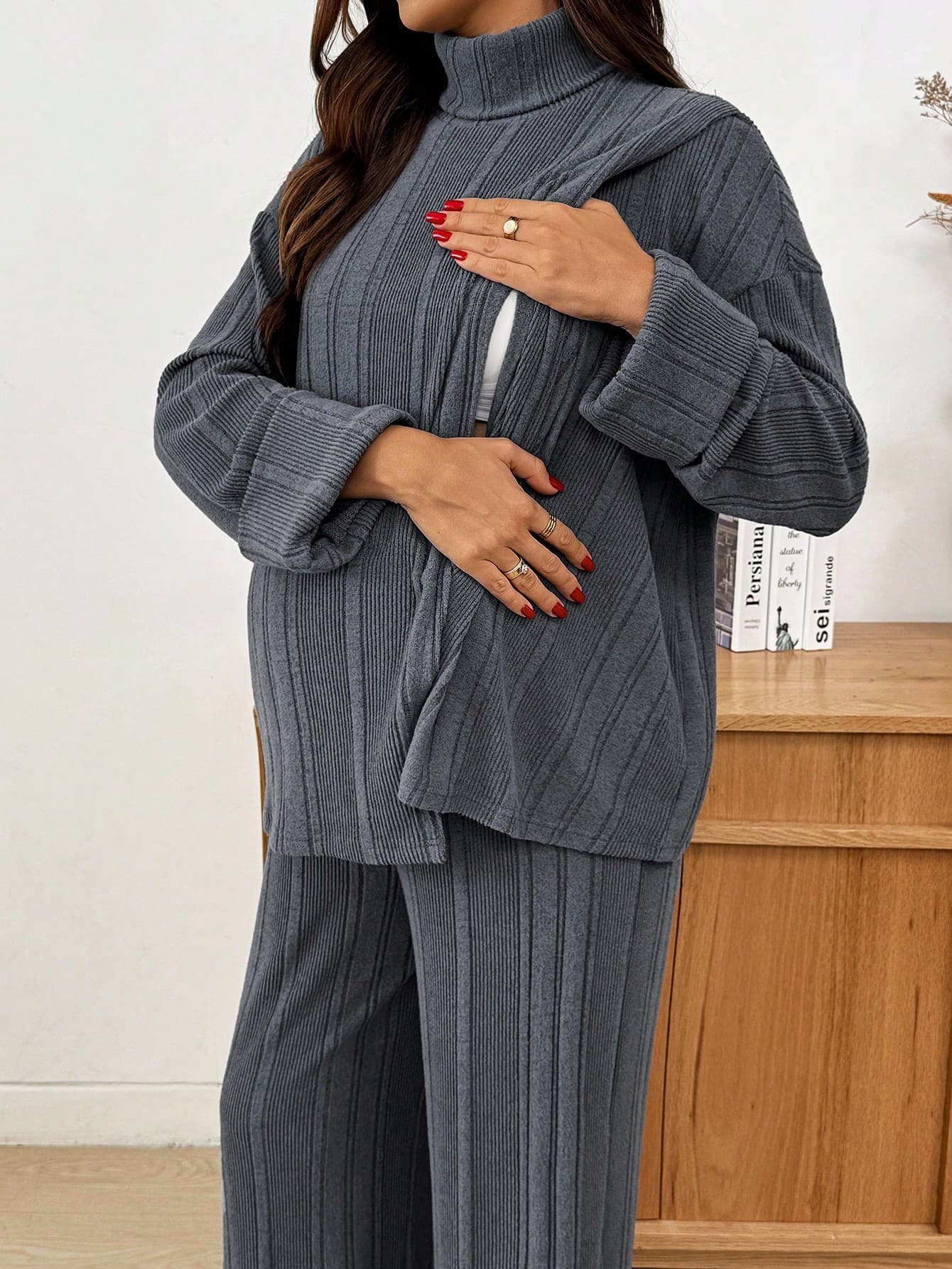 SHEIN 2pcs Maternity Autumn Ribbed Turtleneck Drop Shoulder Top And Adjustable Waist Pants Casual Grey Set,Women Comfy Lounge Sets Thanksgiving Ghostface
