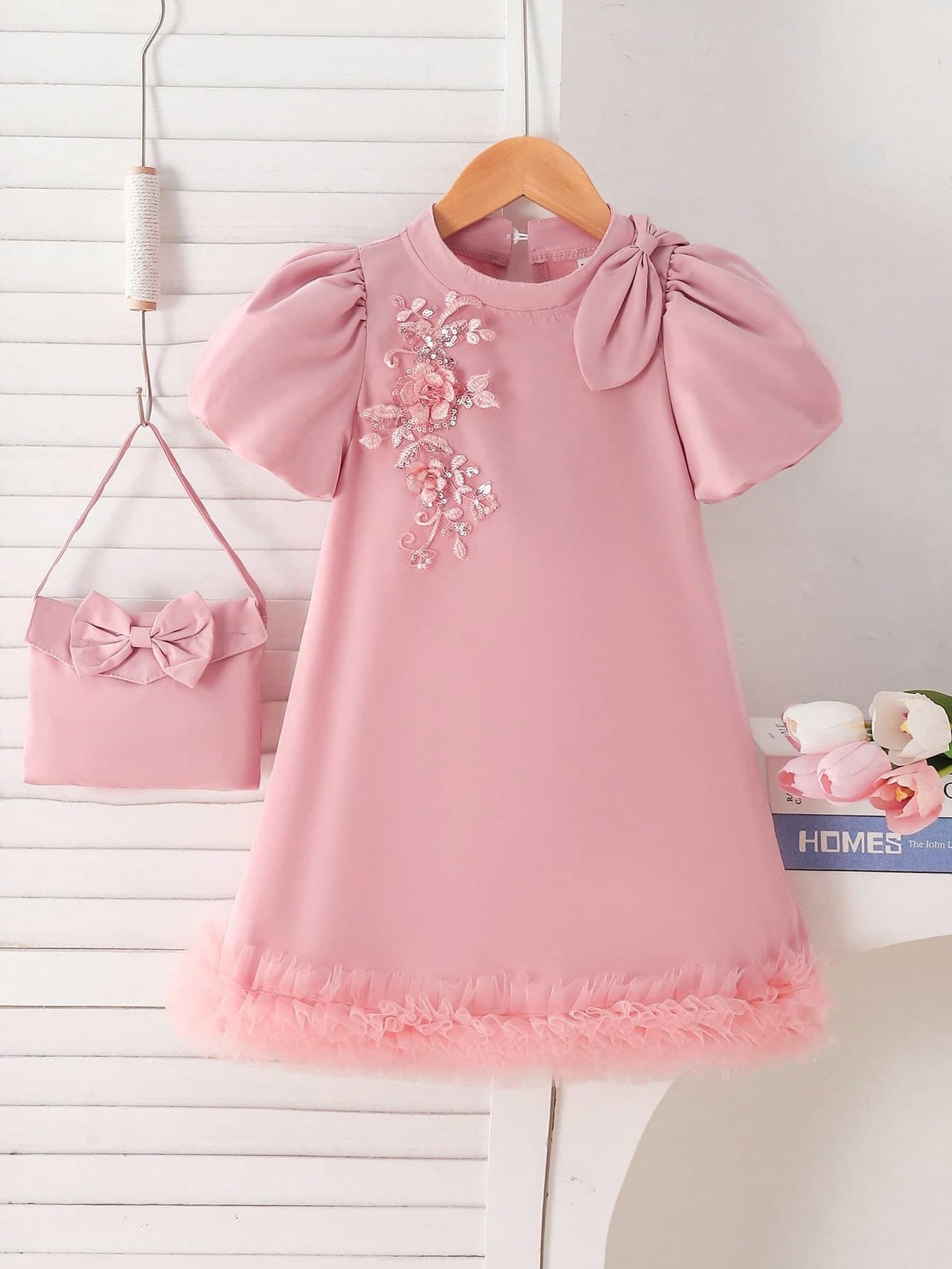 Elladie kids Young Girls' Elegant Pink Summer Birthday Holiday Dress With Butterfly Decorated Handbag,Puff Sleeve Sequin Floral Mesh Stitching Design Clothes