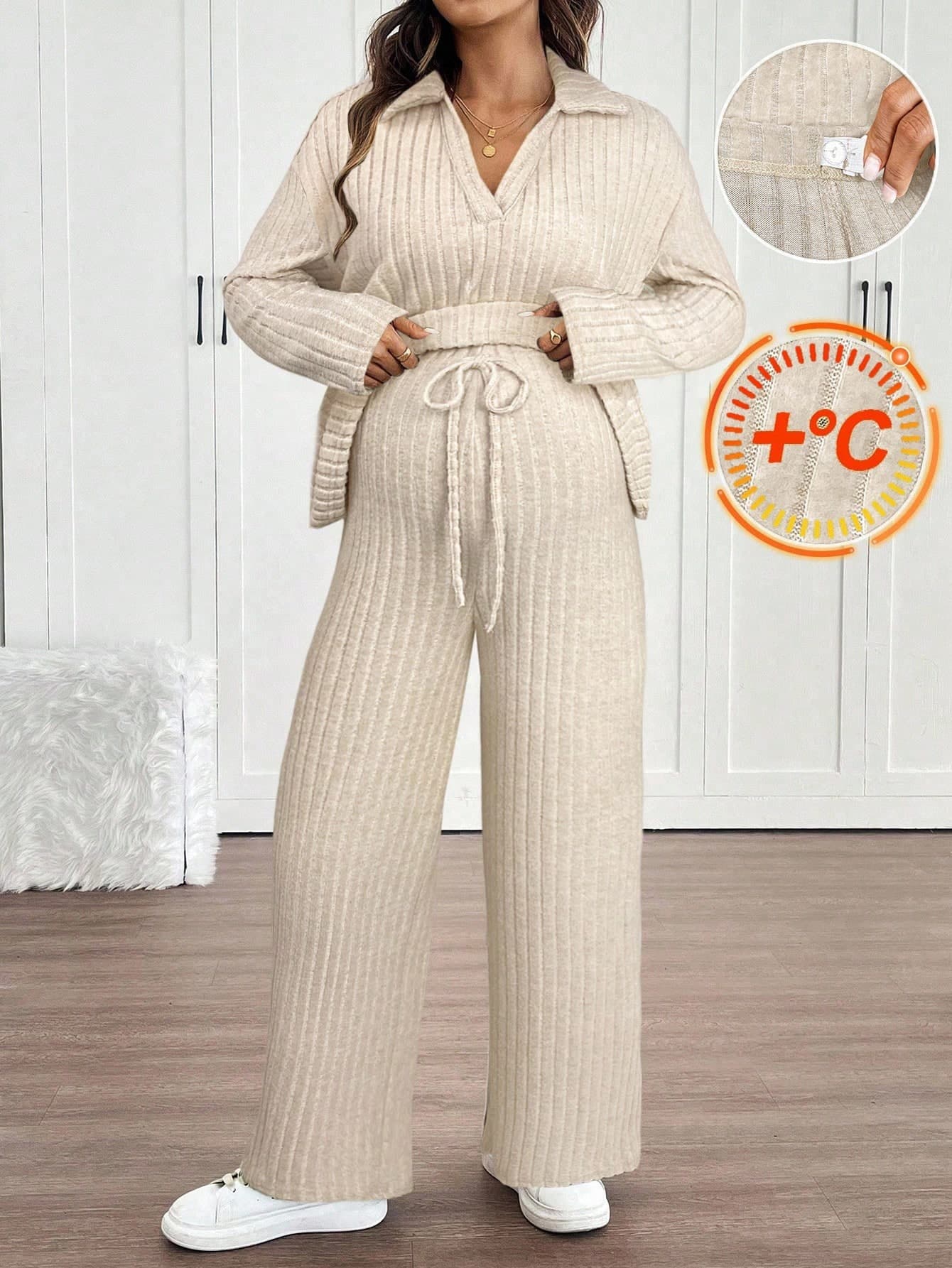 SHEIN 2pcs Maternity Set: Raglan Sleeve Shirt With Collar And Adjustable Waist Straight Leg Pants, Loose Fit, Autumn Fall