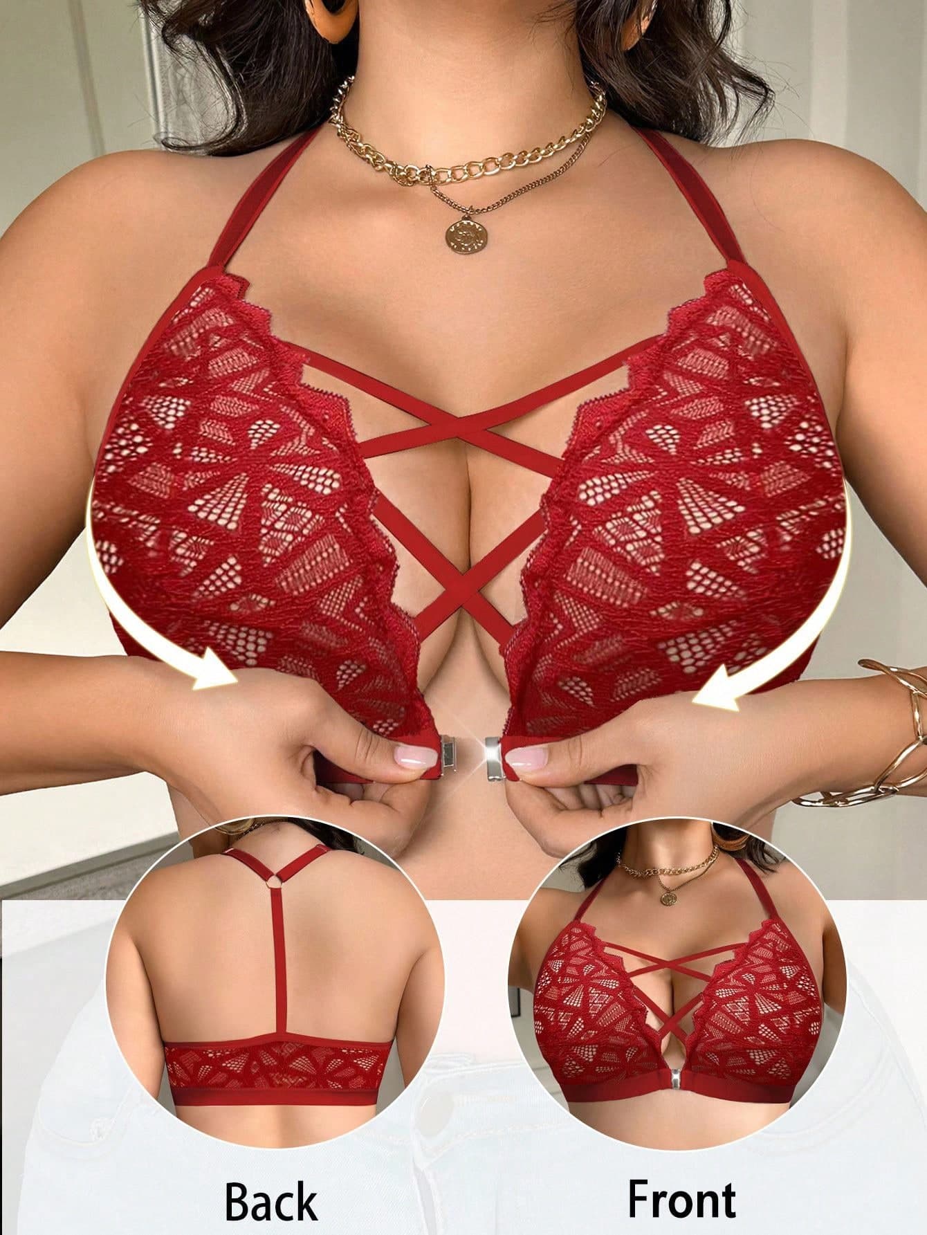 SHEIN 1pc Front Closure Lace Plus Size Wireless Bra, Lift