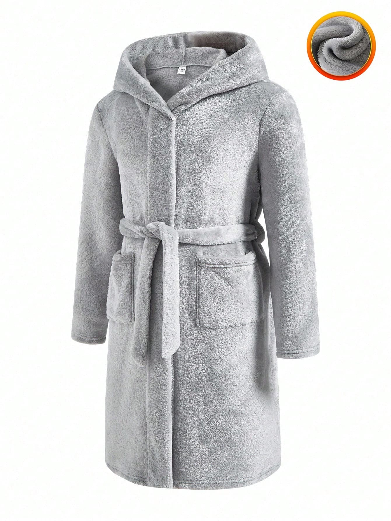 SHEIN Tween Boys' Grey Flannel Hooded Bathrobe,Autumn Casual Lounge Comfortable Plush Mid-Length Open Front Robe,Soft Fleece Loungewear For Kids Winter