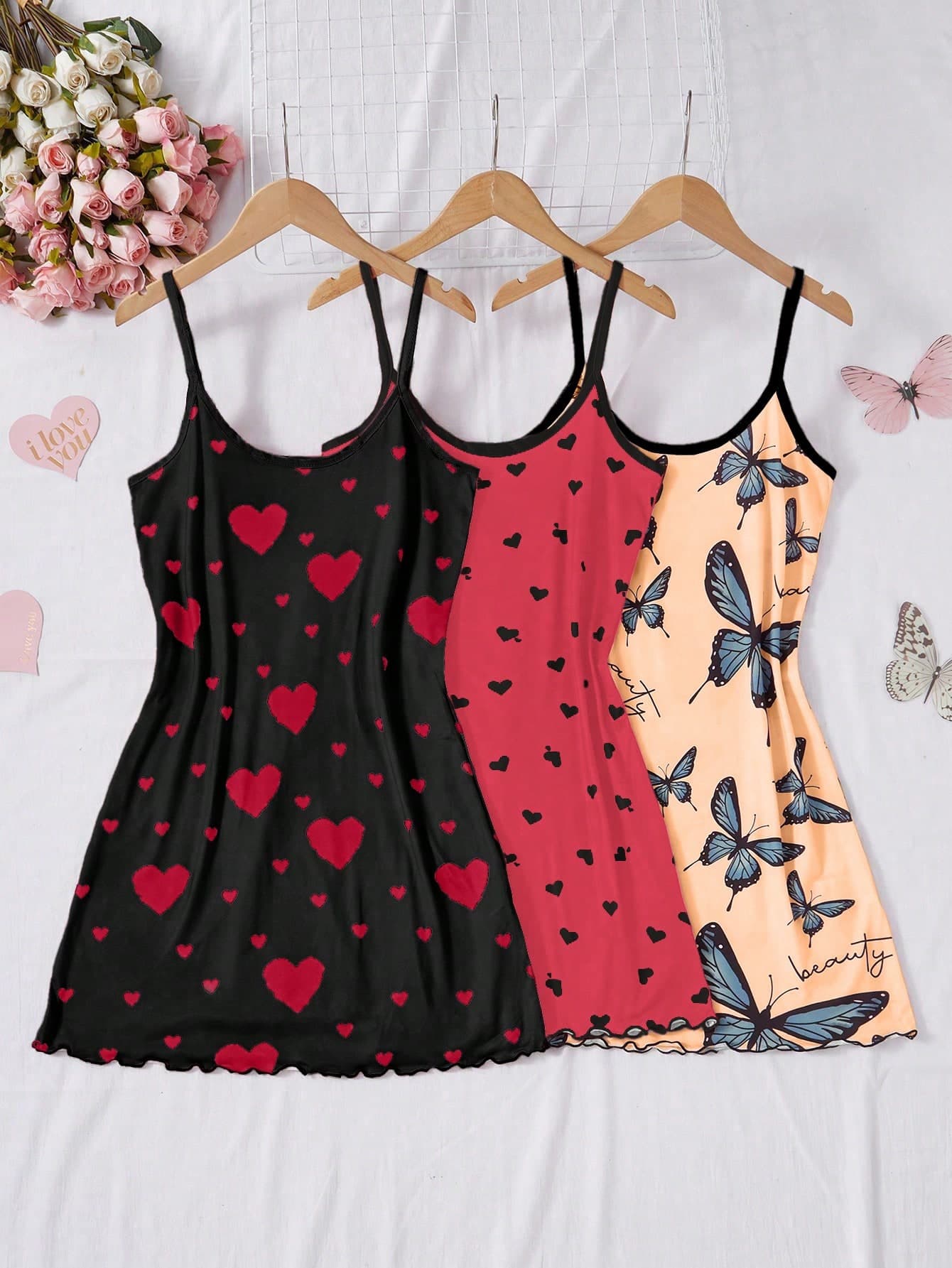 SHEIN 3pcs Women Heart & Bow Print Knit Camisole Dress Set Pajama Tops For Women Pj Tops For Women PJS Tank Top Nighties For Women Lingerie PJS