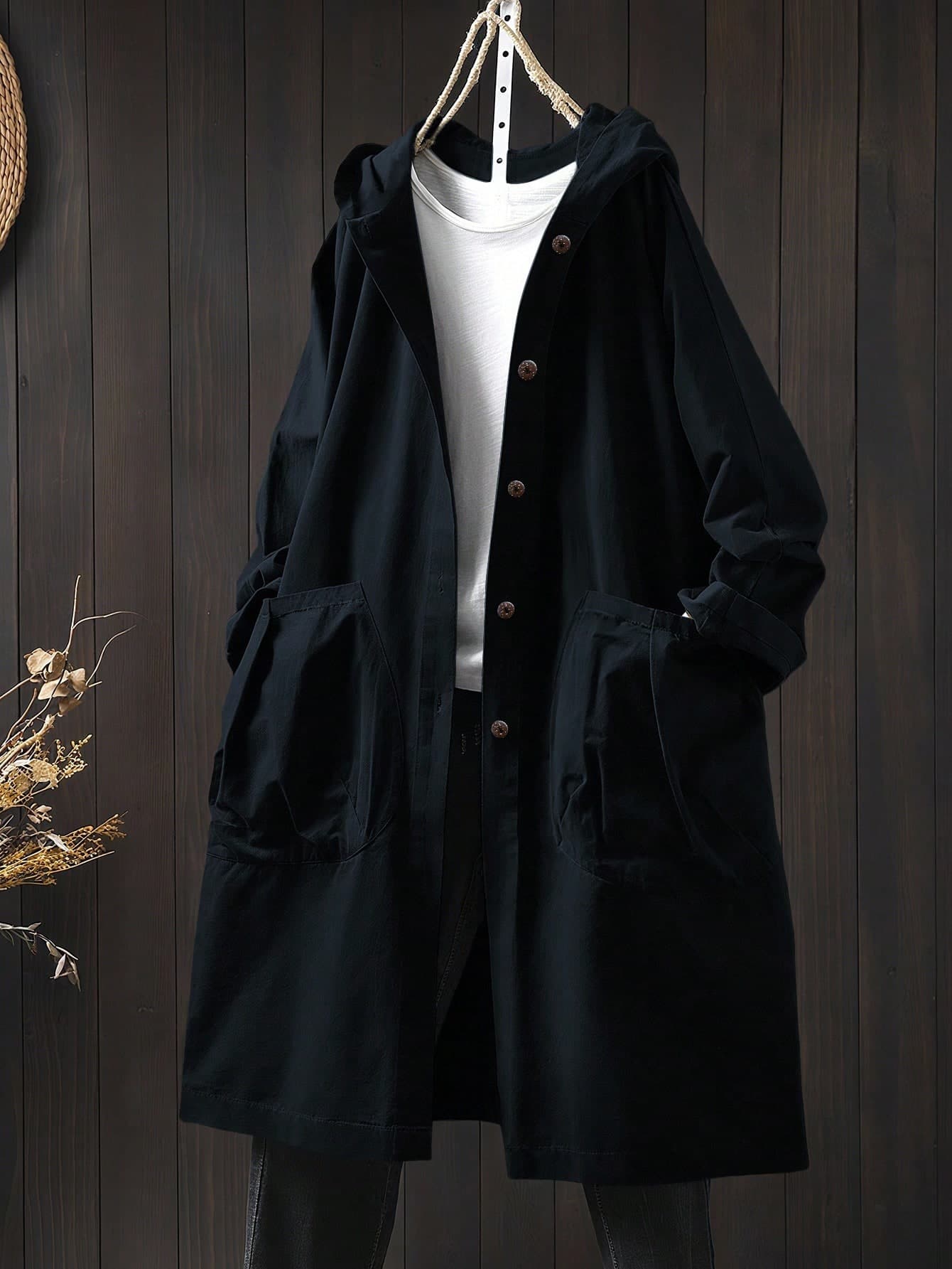 SHEIN LUNE Plus Size Casual Hooded Long Jacket With Large Pockets Fall