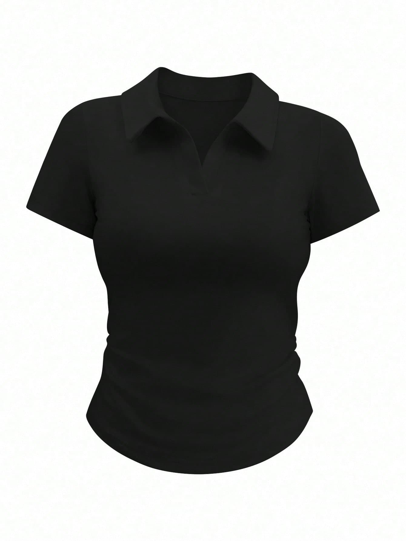 Airaco Women's Plain Collar Short Sleeve Casual Pleated T-Shirt