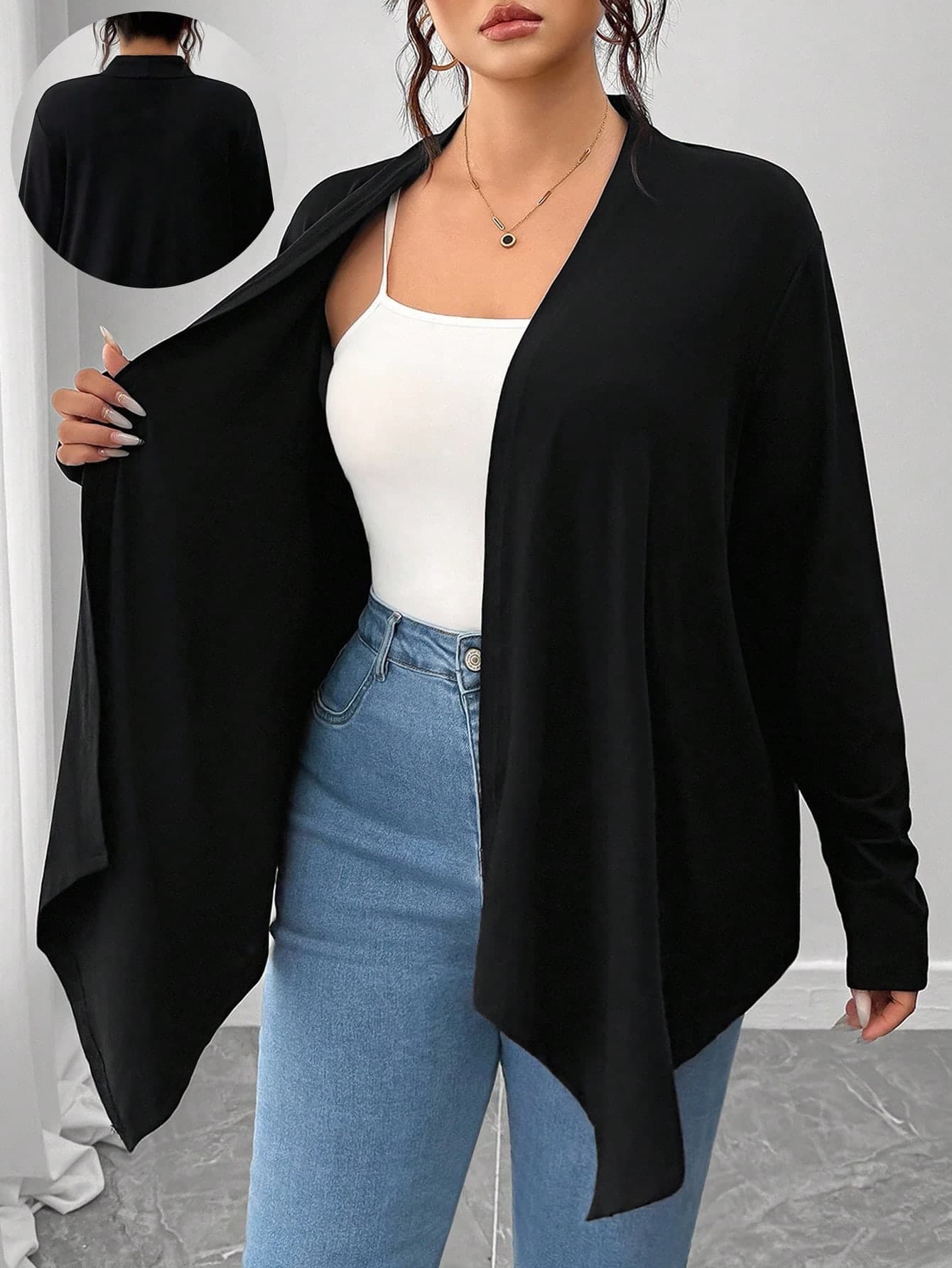 SHEIN PETITE CURVE Plus Size Women Elegant Casual Asymmetrical Hem Cardigan Winter Fall Autumn, Black, For Woman