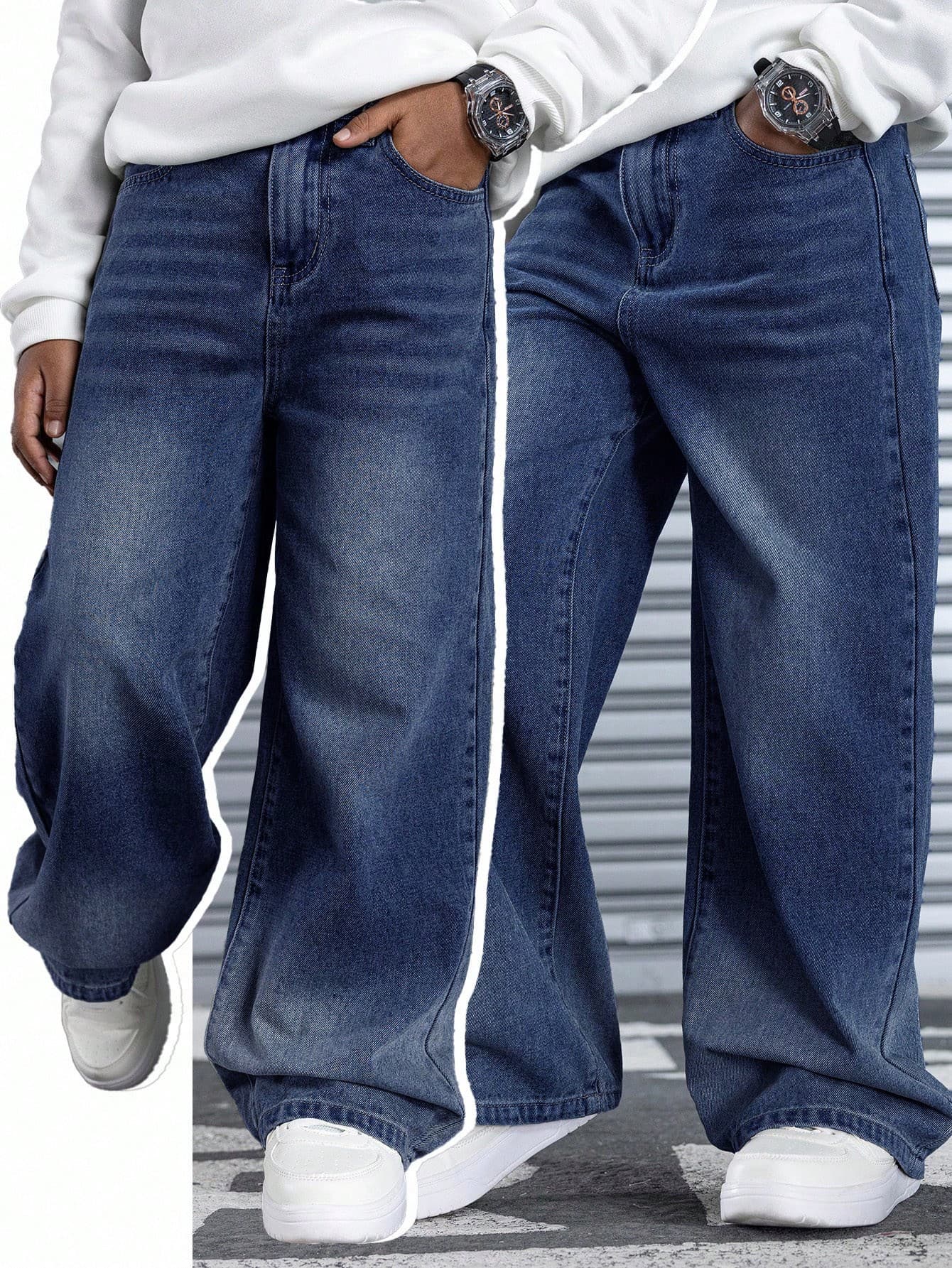 SHEIN Teen Boy Fashion Casual Vintage Designed Wash Water Blue Loose Straight Leg Jeans, Thanksgiving Cute Dailywear And Fall/Winter